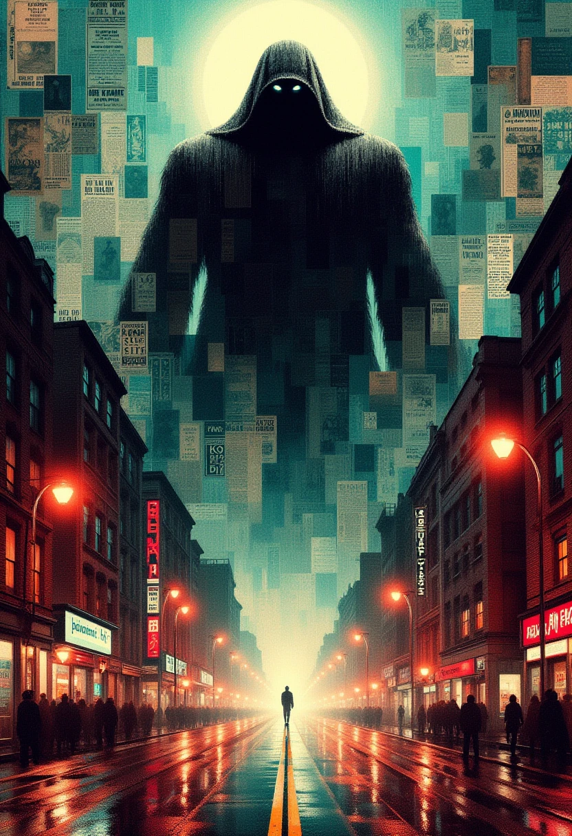 <lora:NstlgaNv__flux_EliPot:1> newspaper, collage, Gigantic shadowy figure with glowing eyes towering over a futuristic cityscape at night, with neon lights reflecting off the rain-soaked streets.