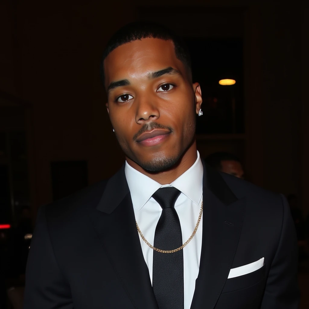 man,  wearing a suit and tie looking directly at the camera with his mouth closed and a neutral expression. He is also wearing a delicate gold chain and some understated diamond earrings., r0m3