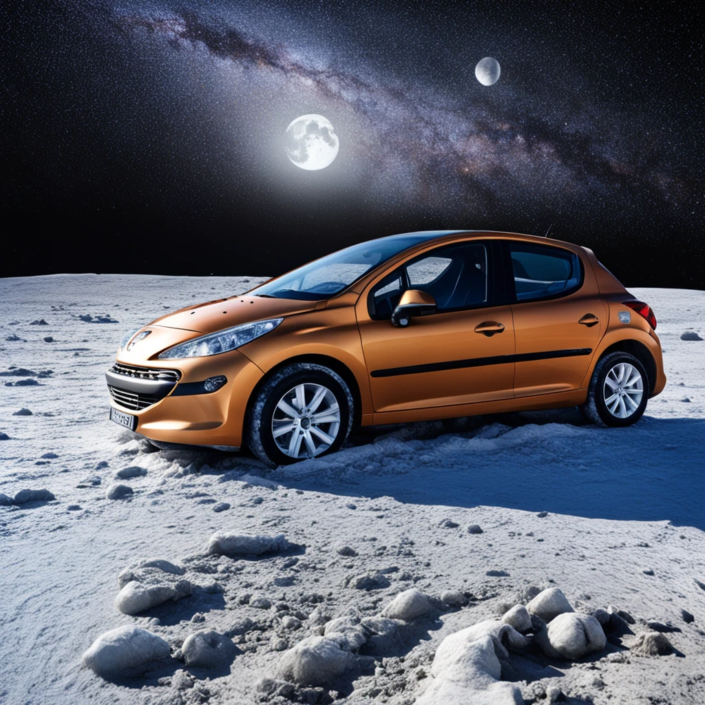 orange car, car parked on asteroid, front left wheel view, front left door, space, moon surface, planets in the background, Peugeot 207, realistic, photo, frozen car