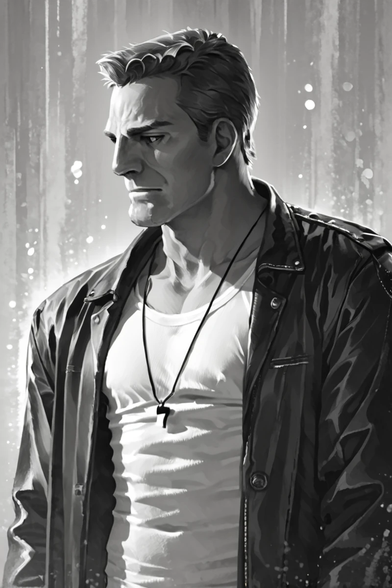 score_9, score_8_up, score_7_up,
greyscale, monochrome, solo, 1boy, male focus, jacket, leather jacket, upper body, shirt, necklace, scmarv,
abstract, masterpiece, best quality  <lora:Marv-SinCity:0.7>