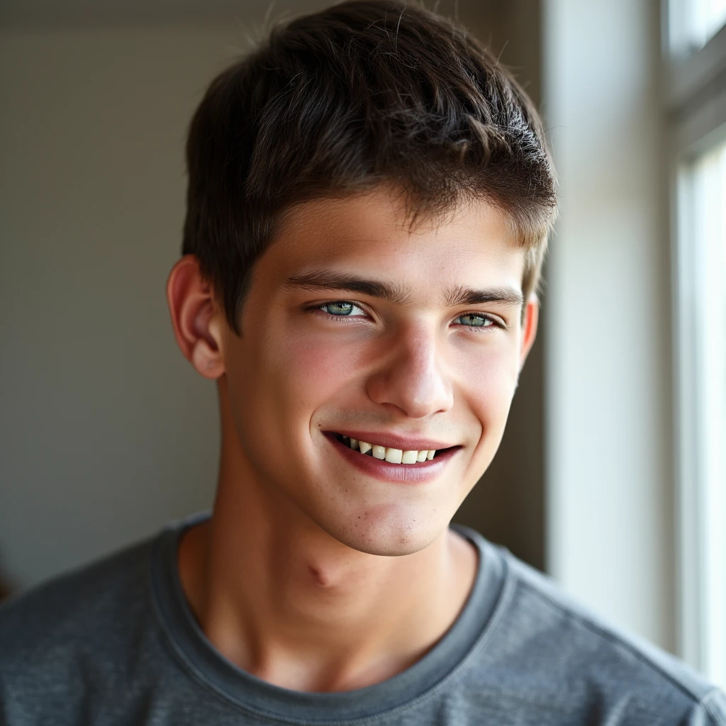 (danny, handsome male 20 yo, slim athletic) profile, looking away, smile, teeth, casual clothes, portrait, close up view