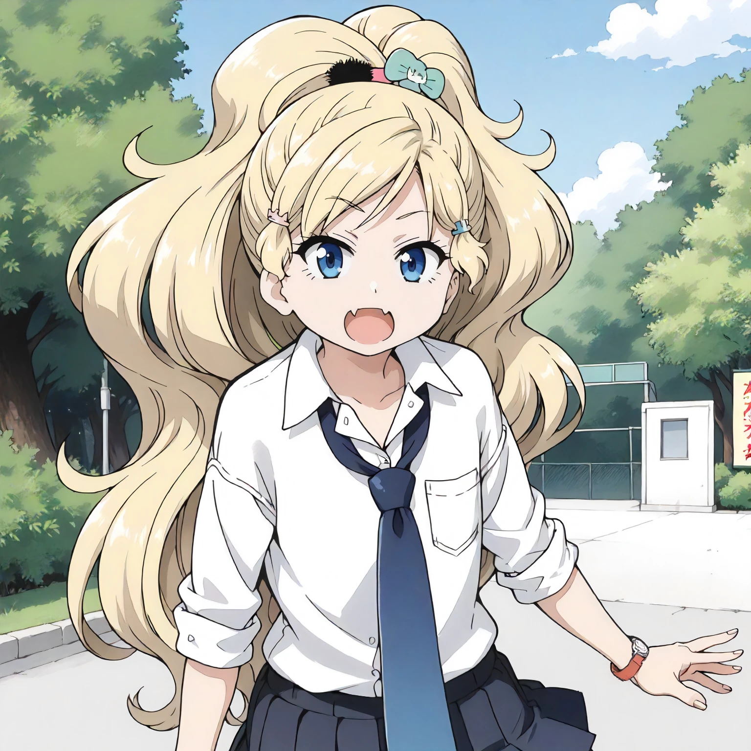 <lora:EPP_MokaChigasakiXLpony002>,
outdoors,
open mouth,skin fang,
solo,
MokaChigasaki,1girl,blonde hair,high ponytail,hairclip,hair_ornament,blue eyes,
collared_shirt,necktie,sleeves rolled up,
pleated_skirt,skirt decoration,
bracelet,watch,