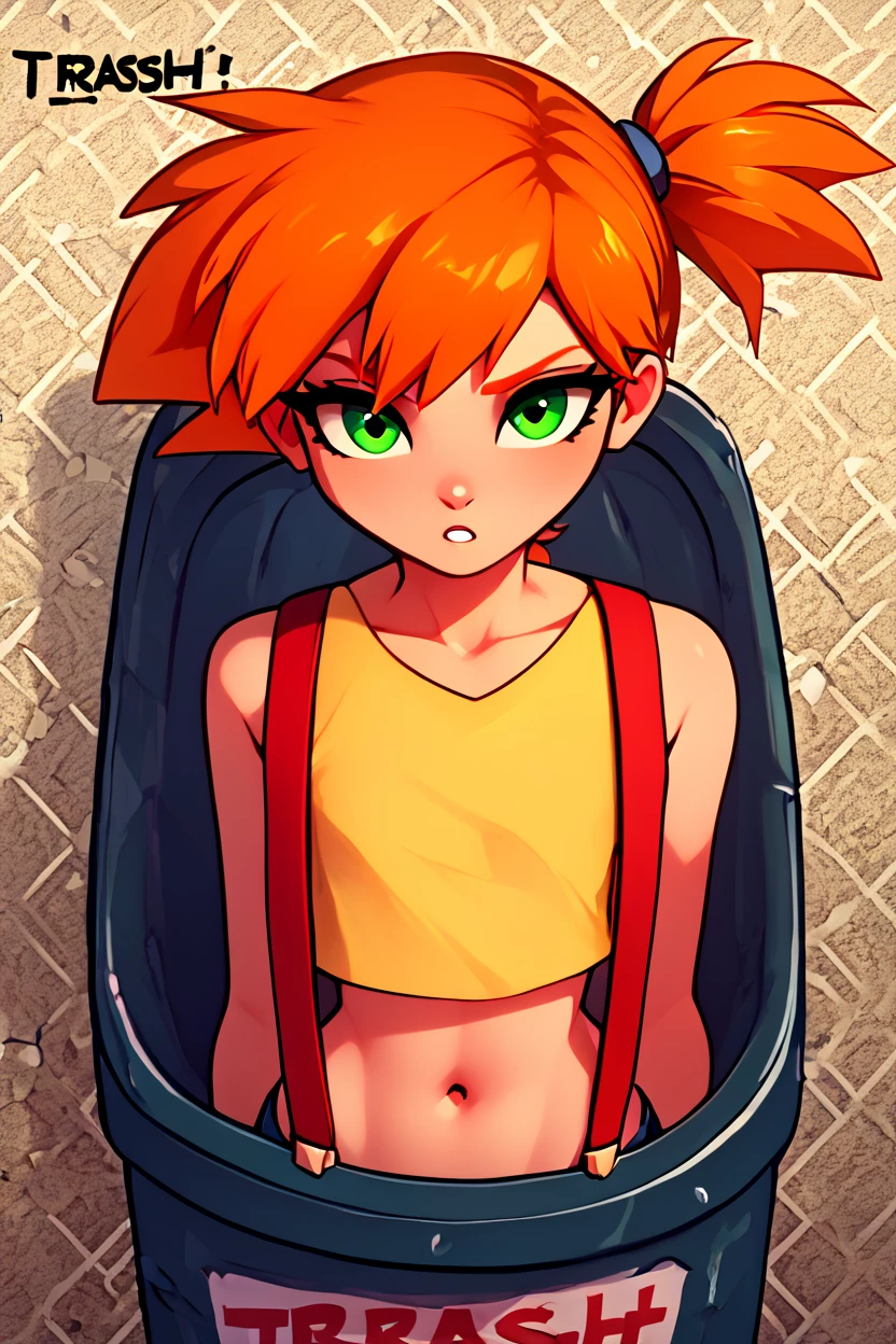 score_9, score_8_up, score_8, BREAK, <lora:Trash_Waifu_PDXL:1.0>, zzTrashWaifu, in trash can, <lora:EPpkMisty:0.8>, eppkmisty, orange hair, short hair, side ponytail, green eyes, bare arms, suspenders, navel, midriff, yellow shirt, collarbone, crop top, sleeveless shirt, (text focus, the word trash:1), BREAK, embedding:zPDXL, Expressiveh, <lora:CatalystStylePDXL:0.6>, <lora:SDXLFaeTastic2400:0.5>, <lora:Expressive_H-000001:0.4>,