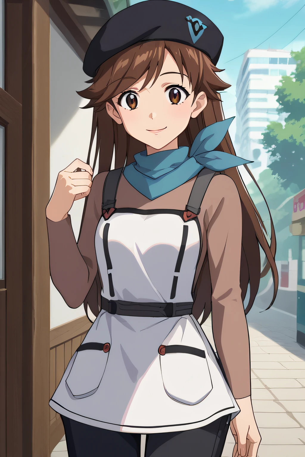 score_9, score_8_up, score_7_up, source_anime, rating_safe, intricate details, anime screencap, official style, 1girl, <lora:Suzuhara_Sakura:1>, sakura, brown hair, brown eyes, long hair, blue scarf, beret, black pants, brown shirt, white apron, cowboy shot, smile, standing, outdoor, hand on hat, hand up