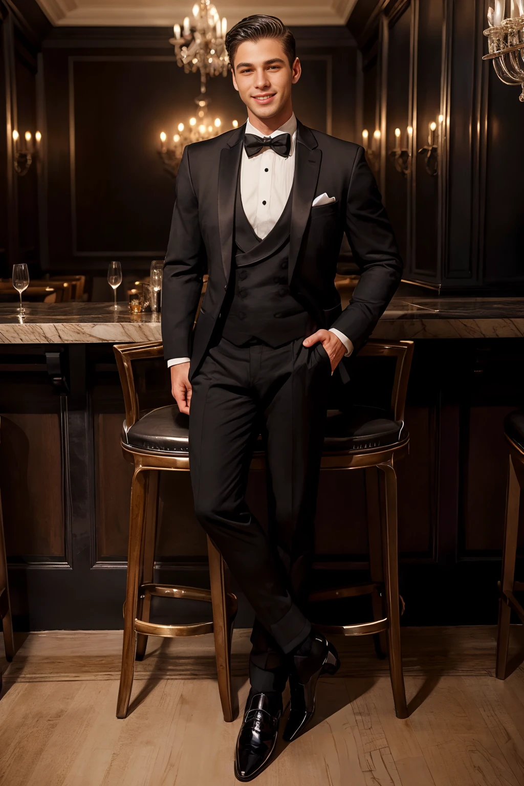 luxury restaurant bar, standing beside a bar stool, smiling, suave, handsome, DorianMcDon wearing black TUX3D0,  black socks, black dress shoes, (((full body portrait))), wide angle  <lora:DorianMcDon:0.8> <lora:TUX_LoRA_V1:0.8>