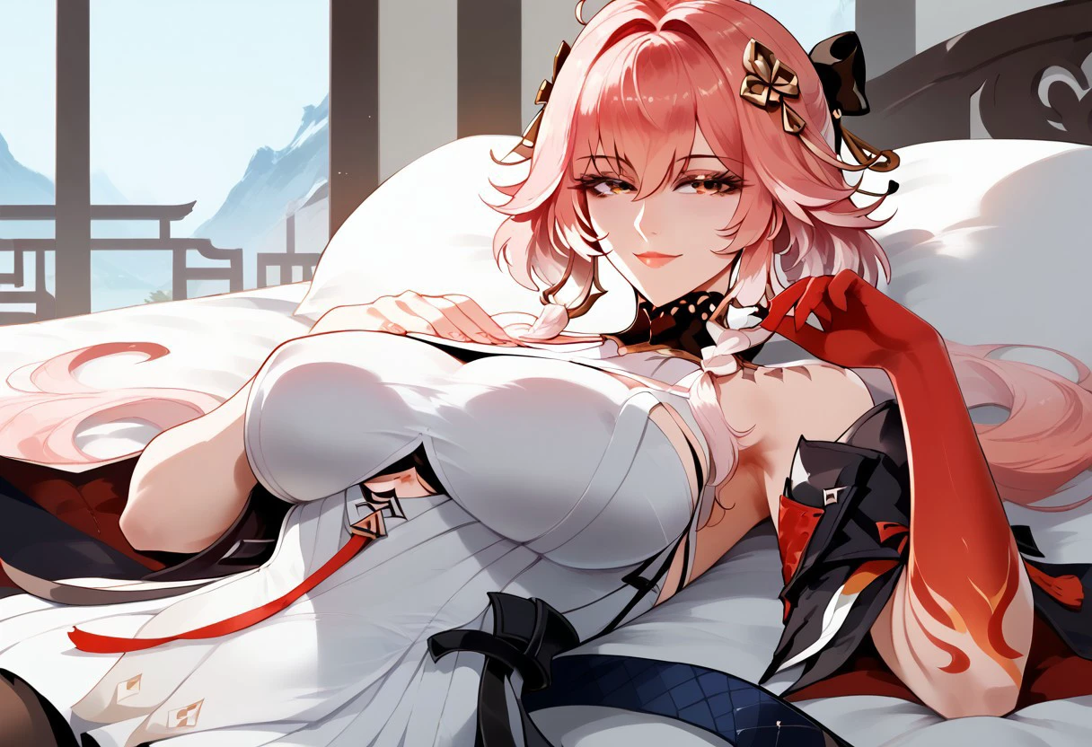 score_9,score_8_up,score_7_up,1girl,solo,mature female,curvy, changli, white dress, looking at viewer, seductive, smile, lying on bed, lying, black thighhigh, red hand,red glove on red hand, pink hair, multicolored hair, stomach, hands on breasts