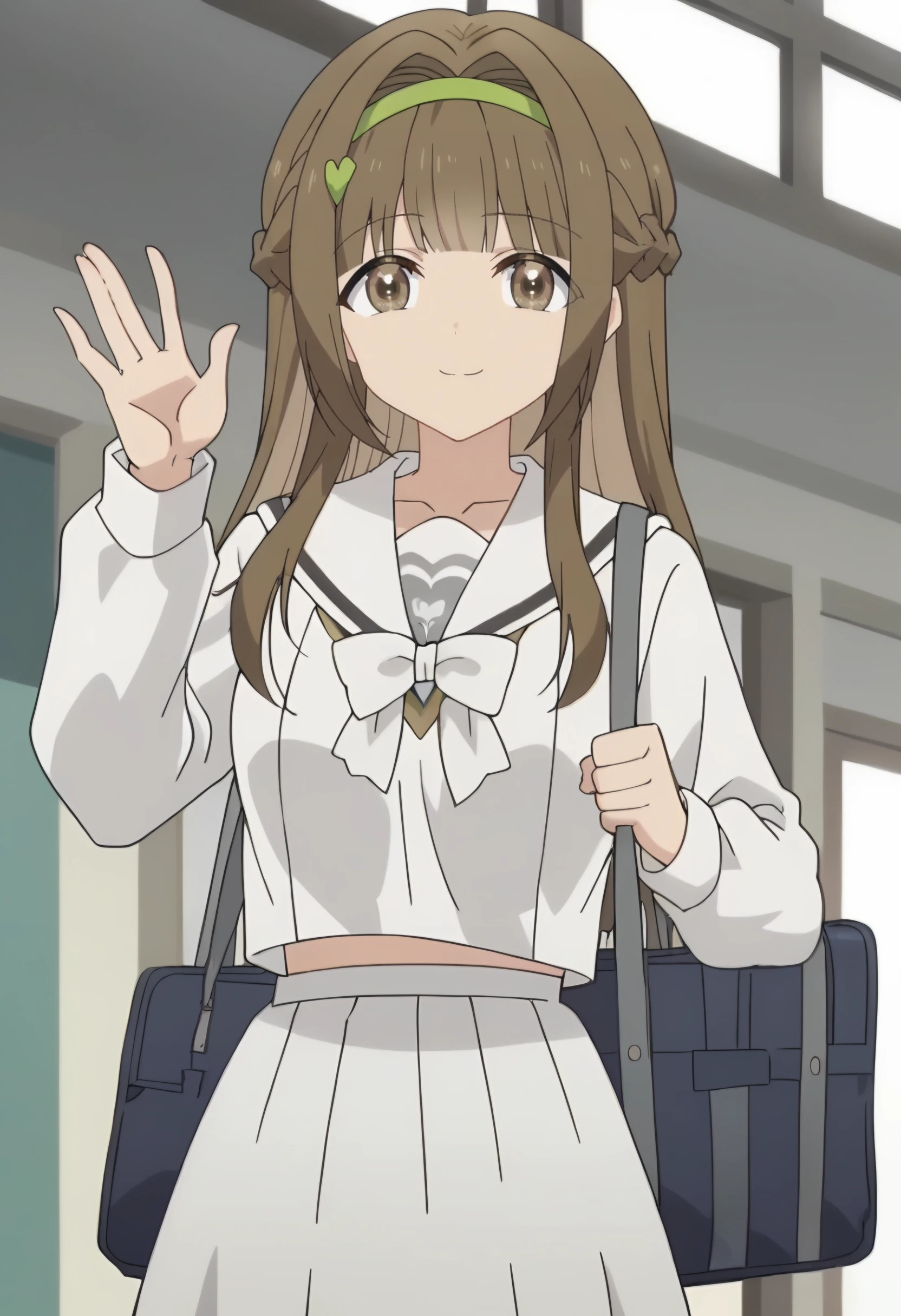 haruka katsuragi, 1girl, long hair, brown hair, solo, braid, brown eyes, green hairband, sidelocks, blunt bangs,  heart hair ornament,        looking at viewer, smiling,    <lora:Haruka Katsuragi:0.9>school uniform, bag, school bag, white skirt, white shirt,white bow, long sleeves, white sailor collar white serafuku, bowtie, c, score_9, score_7_up,anime coloring ,source_anime, anime, anime screencap