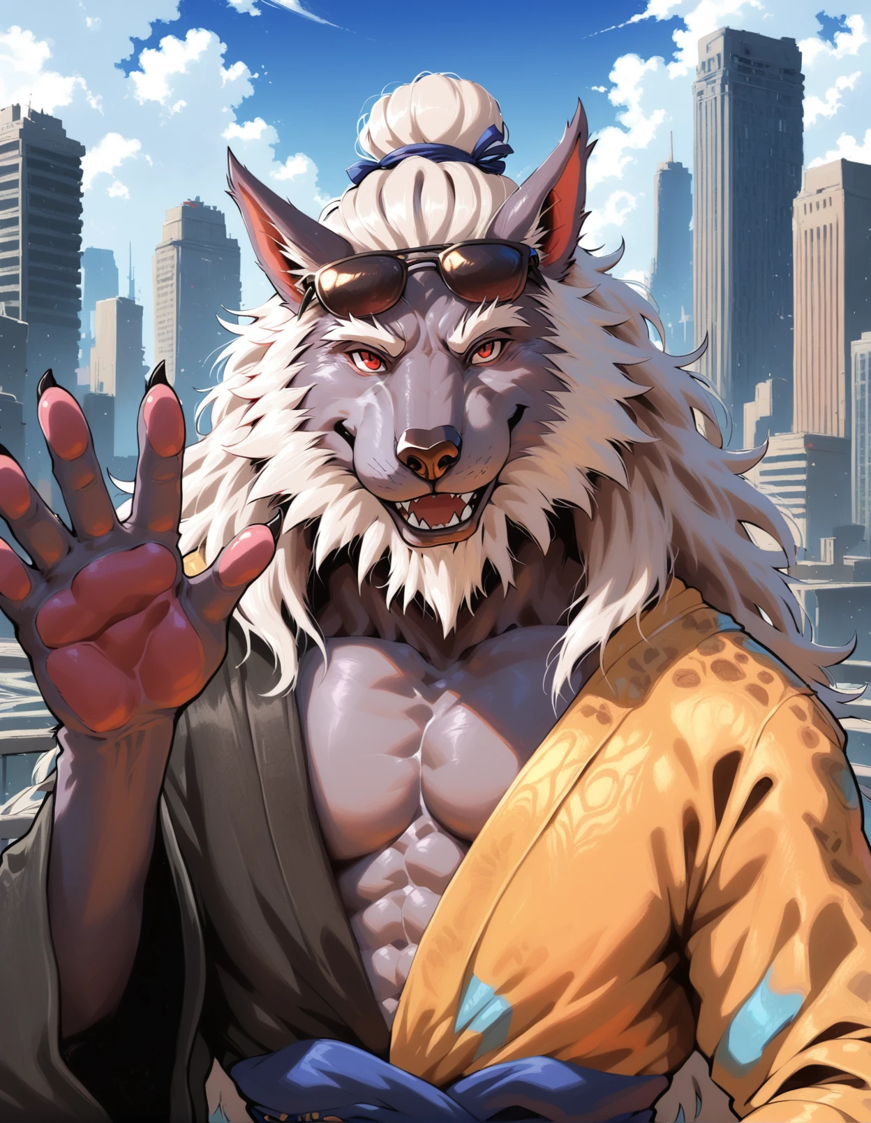 gz, wolf,male,solo,anthro,mature, hair bun,white mane hair,beard,looking at viewer,red eyes, black battle robe, pattern robe, bust portrait, sunglasses on head, (waving at viewer:1.2), pink pawpads, smile, open mouth, city, skyline, detailed background, 
<lora:BlackMythGuangzhi_1.1.8:1>