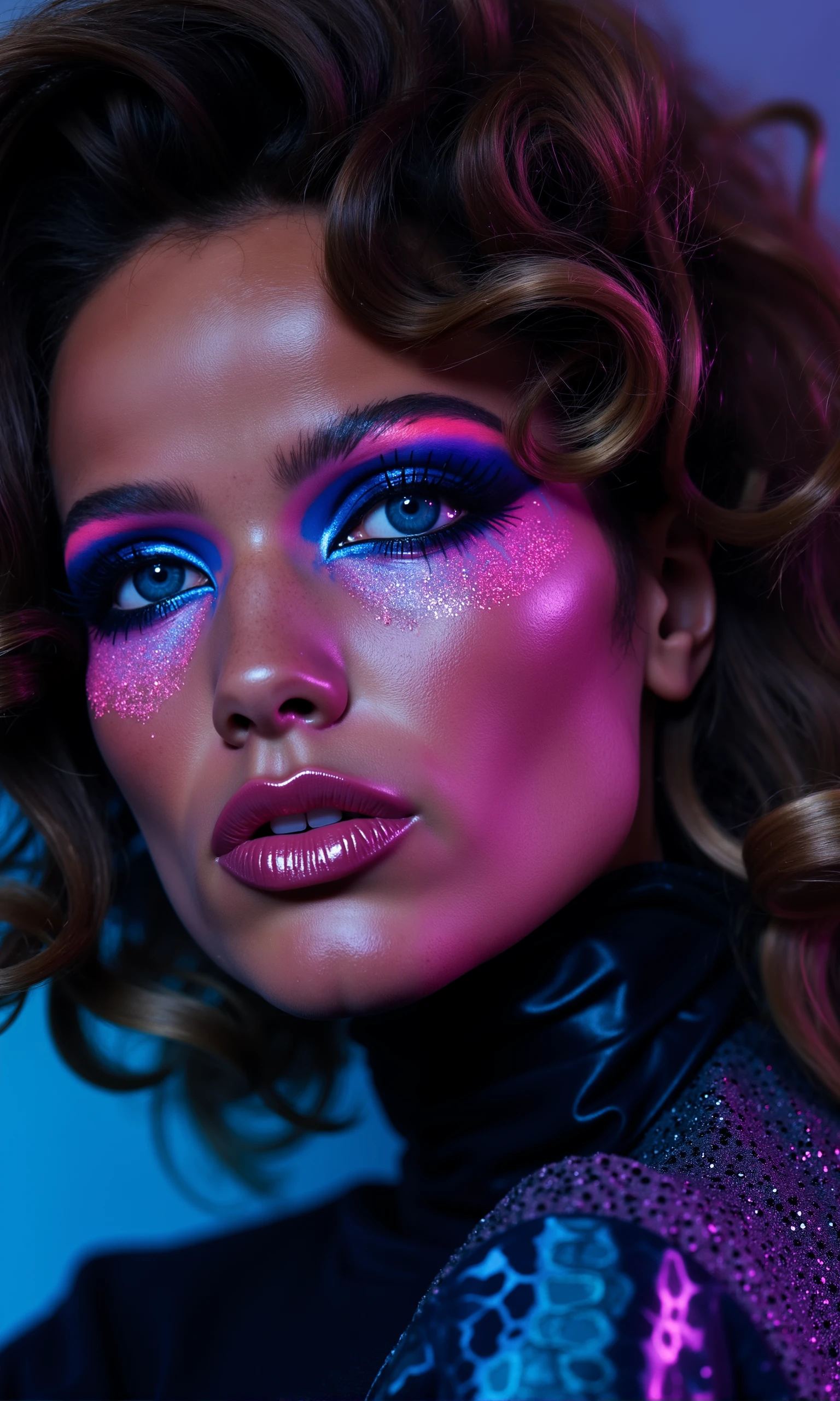 Veruschka, close up, portrait ,her makeup should be bold, dramatic, and inspired by 70s glam rock. Her eye makeup is exaggerated with vibrant, electric colors—perhaps a sharp blend of deep blues and purples with a gradient of neon pinks around the edges, giving a striking cat-eye effect. Glitter accents the look, catching the light and adding a rebellious, glam touch. Her cheeks are contoured with strong blush lines, and her lips are a deep, glossy color, such as plum or dark red, contrasting with the vivid eye makeup.

The overall mood of the image is fierce, avant-garde, and fashion-forward. Veruschka’s dynamic pose, combined with her edgy makeup, creates a sense of raw power and attitude. The outfit—tight, shiny leather or snakeskin with towering boots—enhances the rock-and-roll energy, evoking a rebellious, untamed spirit. The lighting is cool and dramatic, with shadows playing across her form, emphasizing both her intensity and the textures of the outfit. The whole scene feels like a high-fashion editorial that pushes boundaries, combining 70s glam with modern edge