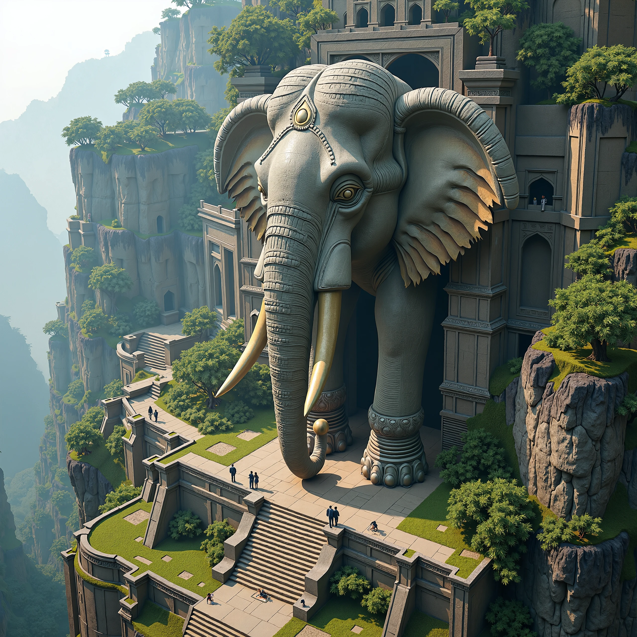 "Imagine an ancient, colossal stone elephant sculpture, carved into the side of a towering cliff, captured from a bird's-eye view as if taken by a drone. The sculpture stands majestically amidst a sprawling, ancient city or temple complex, with monumental stone buildings and terraces nestled into the cliffs. The weathered stone surfaces are detailed with intricate carvings, and greenery grows among the structures. Mist rises from below, adding a mystical, ethereal atmosphere. From this aerial perspective, small figures can be seen walking around the base of the stone sculpture, further emphasizing the scale and significance of the site, blending nature and ancient stone architecture in a stunning visual."