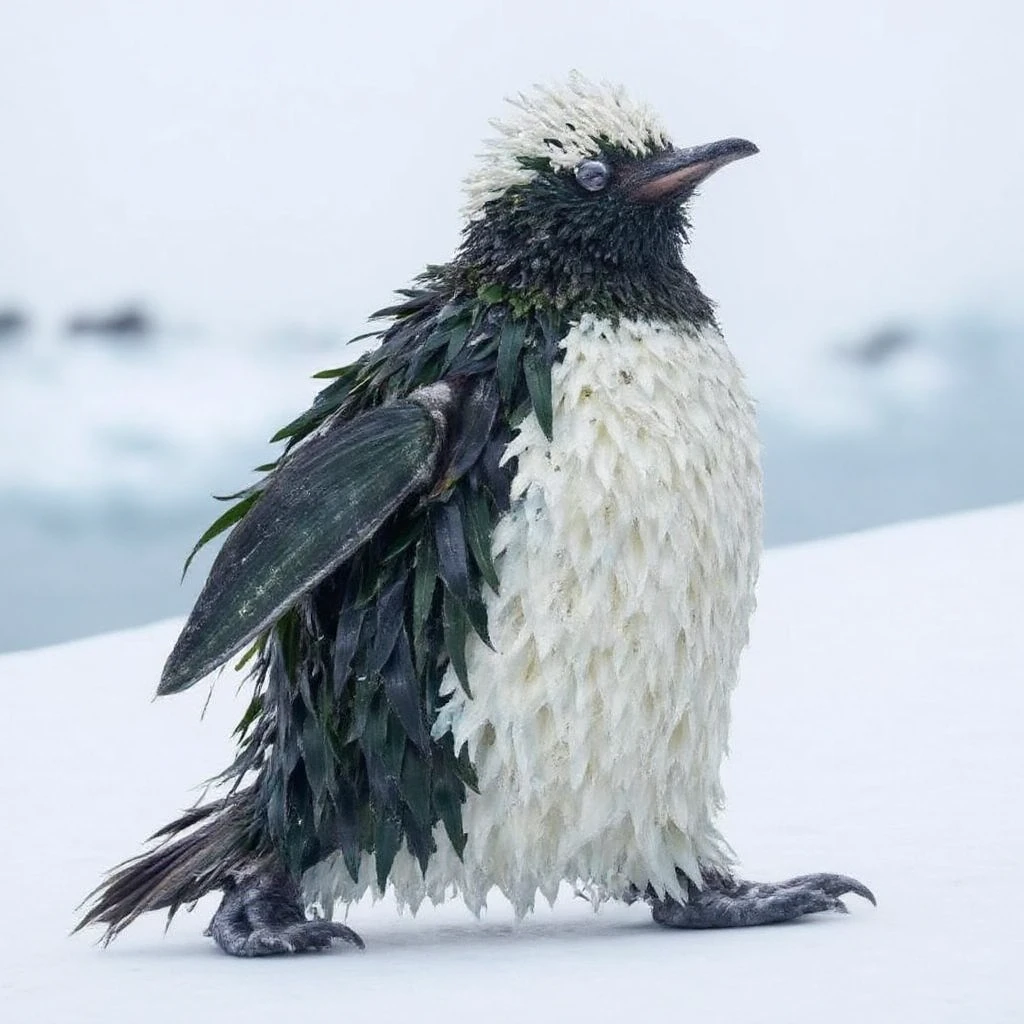 Juaner_whimsy,
A penguin with feathers made of shiny black and white seaweed, waddling across an icy landscape. Its body glistens as if wet, and the seaweed feathers ripple with each step. The penguin’s beak is formed from coral, and its flippers resemble broad kelp leaves, adding to its aquatic adaptation.