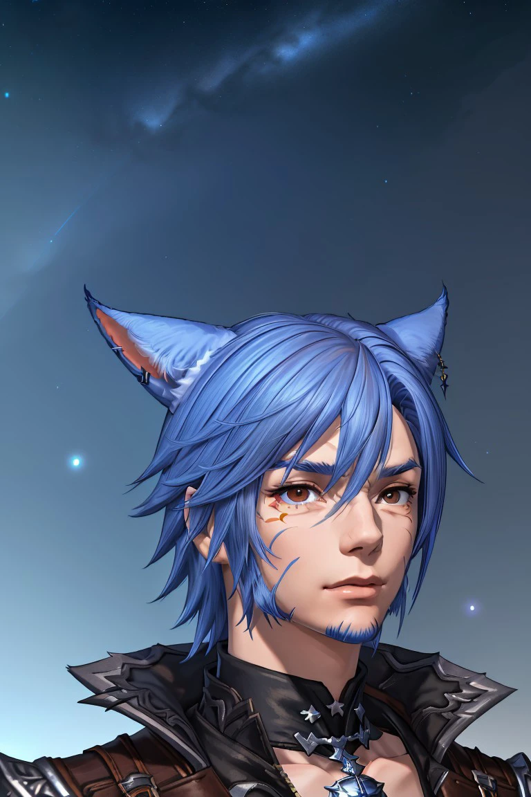 face_2_xiv, catboy, animal ears,  1boy, male focus, solo, facial mark, blue hair, cat ears, portrait, red eyes, facial hair, cat boy, star (sky), short hair, miqo'te, ffxiv, 3d, , masterpiece, best quality, very aesthetic, absurdres