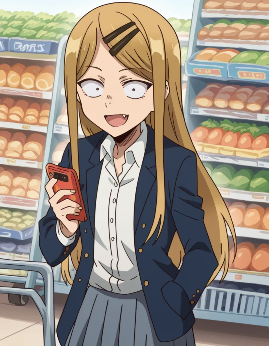 score_9, score_8_up, score_7_up, source_anime, <lora:saya-endou-s2-ponyxl-lora-nochekaiser:1>, saya endou, long hair, blonde hair, hair ornament, brown eyes, hairclip, fang, wide-eyed, constricted pupils, sanpaku,, skirt, shirt, hair ornament, school uniform, jacket, pleated skirt, socks, blazer,, grocery store, shopping cart, picking fruits, everyday life, , smile, looking at viewer, arm holding a phone, solo,, cowboy shot, dutch angle