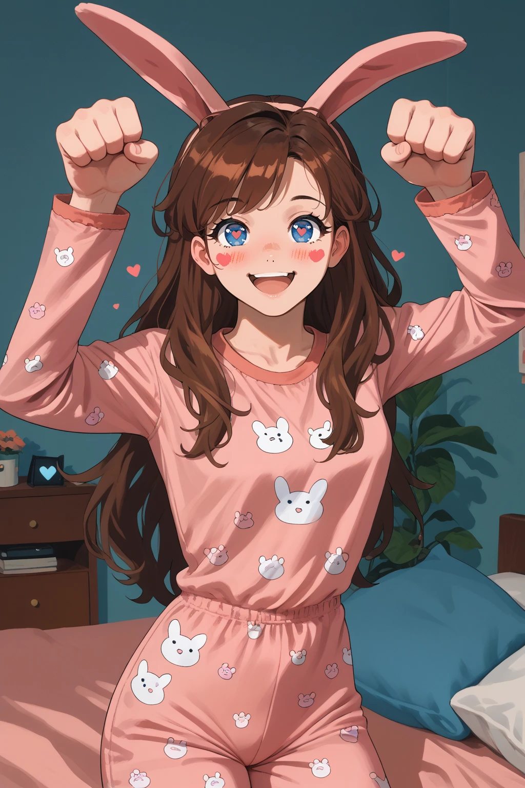 score_9, score_8_up, 1girl, solo, <lora:NSSteampunkerTerraria:1> NSStpumker, brown hair, long hair, blue eyes, bunny ears, pink pajamas, paw pose, blush stickers, happy, bedroom, heart-shaped pupils