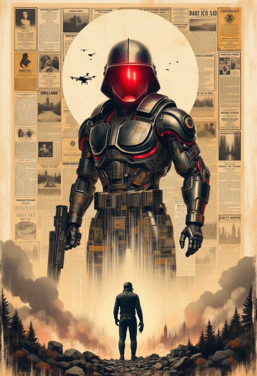 <lora:NstlgaNv__flux_EliPot:1> newspaper, collage, Massive cyberpunk soldier with glowing red visor standing in front of a ruined skyscraper, smoke rising from the city below as drones fly overhead.