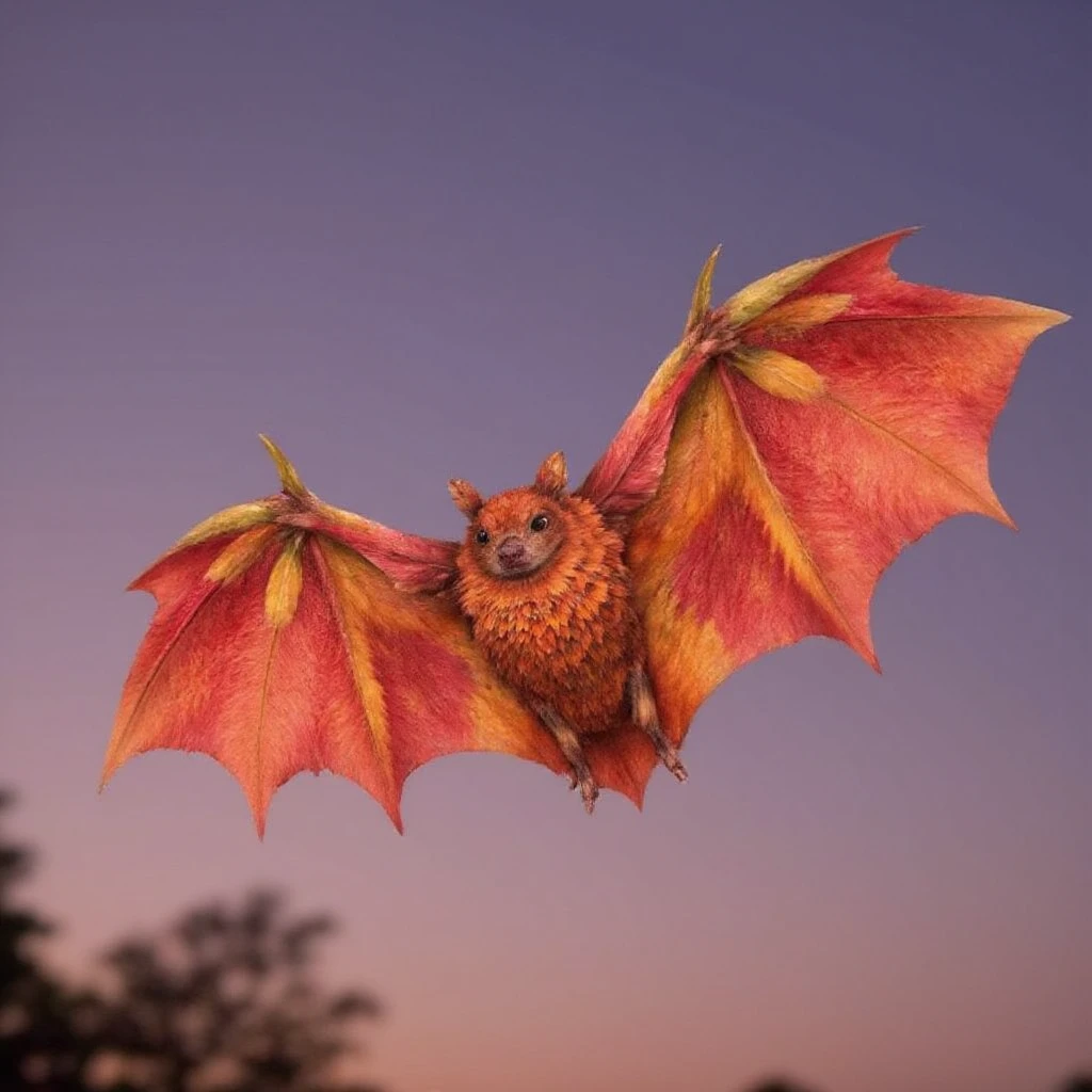 Juaner_whimsy,
A bat with wings made of gossamer-thin maple leaves, flying through the twilight sky. The leaves are a mix of red, orange, and yellow, catching the fading sunlight as the bat soars overhead. The bat’s body is covered in a fine dusting of pollen, and its ears resemble small folded petals.