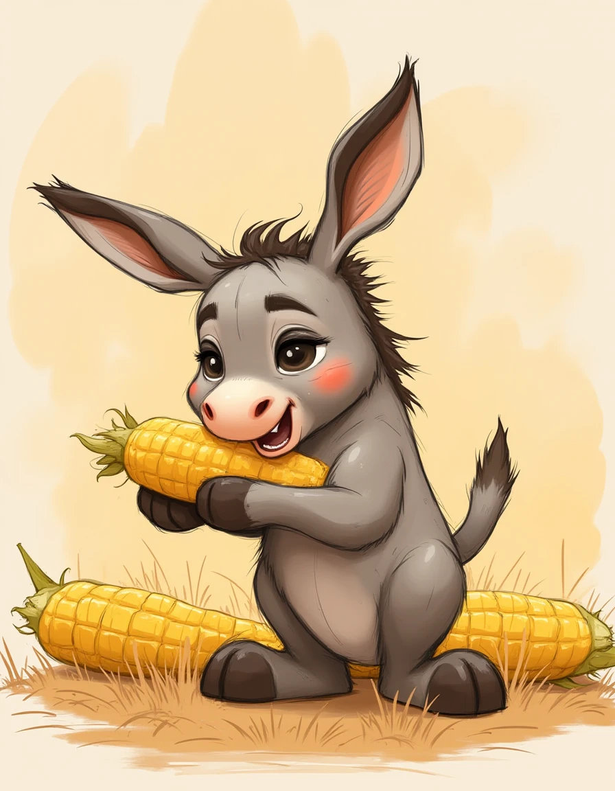 cartoon drawing of a donkey, eating a corn, by masterados