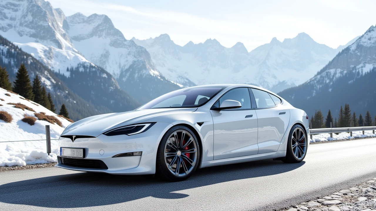 a photo of a white Tesla Model S plaid,Numberplate says "plaid", at the swiss alps mountains,nice silver rims,sunny,dramatic camera angle,<lora:Tesla_Model S_Plaid:1>