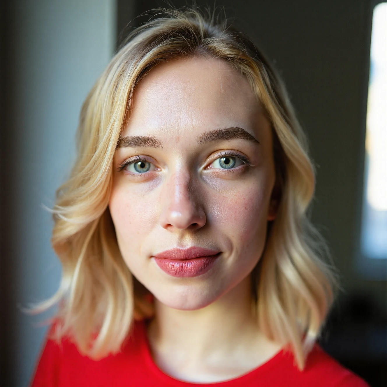 <lora:FLUX_Polyhedron_all_Kohya_ss-000001:1> RAW photo, a candid full body portrait of a beautiful blonde woman wearing a (red shirt), 8k uhd, dslr, soft lighting, high quality, film grain, Fujifilm XT3
(pointy chin:1.5), (no cleft chin), (no chin dimple), (no rabbit teeth)
small chin, (no freckles:0.5), perfect eyes, glowing irises, ((even eyes)), ((even pupils)), round iris, detailed pupils, light reflections, visible cornea, blood vessels, (wet skin:1.1), (sweat:1.1), white winter skin, wax skin, marble skin, pale skin, clear skin, [[skin blemishes]], skin pores, blush, flushed cheeks, [[[[[moles]]]]], wrinkles, [[[[vitiligo spots]]]], [[whiteheads]], [[[blackheads]]], [pimples], perfect hands, shiny bright eyes, centered pupils, blood vessels in sclera, detailed skin, [[oiled shiny skin]], beauty spots, skin fuzz, shine from within, hands off face, nipples, not asian