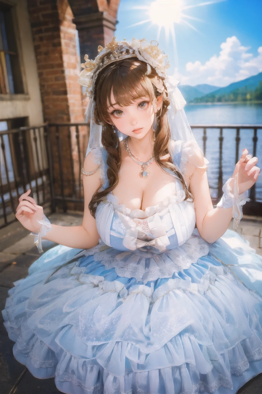 (masterpiece, best quality:1.2),illustration,8k,hd,huge filesize,lens flare,1 girl,very long hair,solo,brown hair,bswq,dress,white dress,blue dress,jewelry,necklace,pantyhose,bow,lace,lace trim,lace-trimmed dress,sleeveless dress,big breasts,(cleavage:1.4),bouncing breasts,lake,extremely detailed dress,sky,crystalstexture skin,areola,nipples,