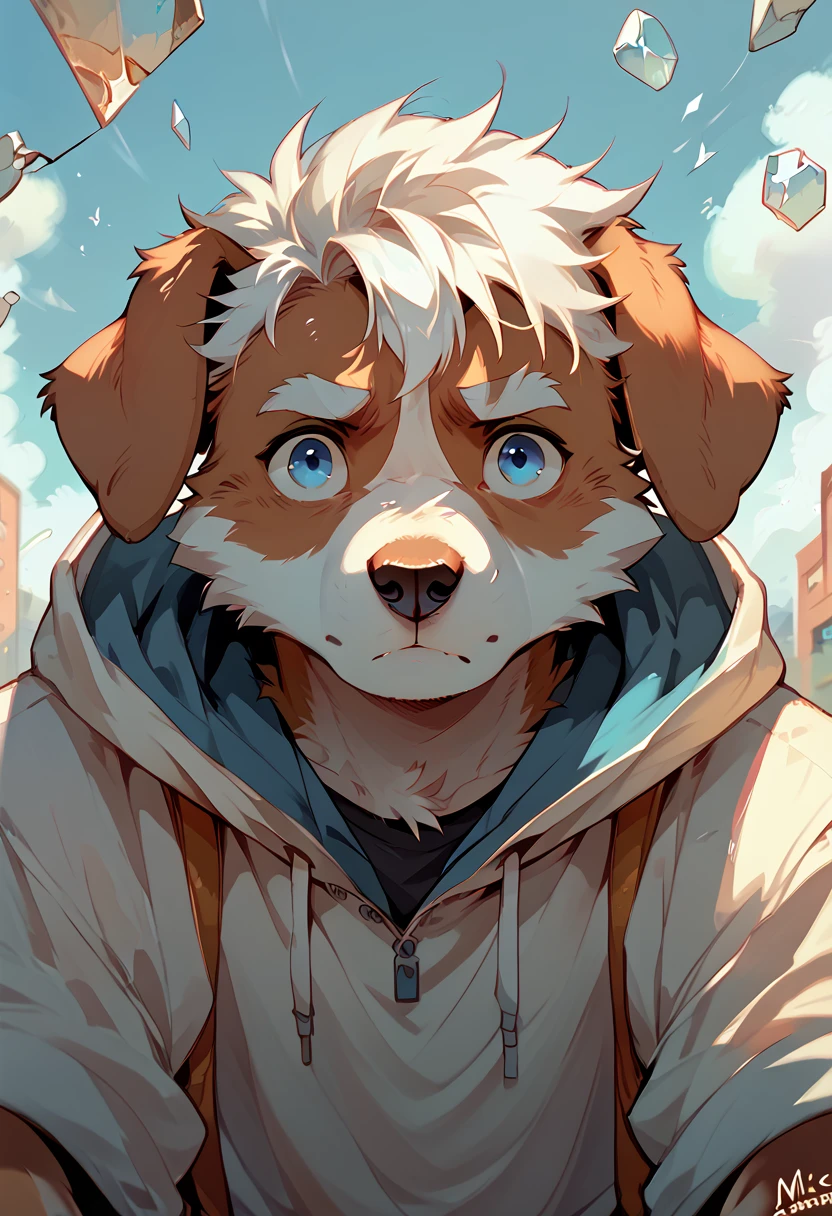 score_9, score_8_up, score_7_up, high quality, hires, michi, d0g, furry, white muzzle, blue eyes, white hair, floppy ears, looking at viewer, <lora:Michi_OC:1>