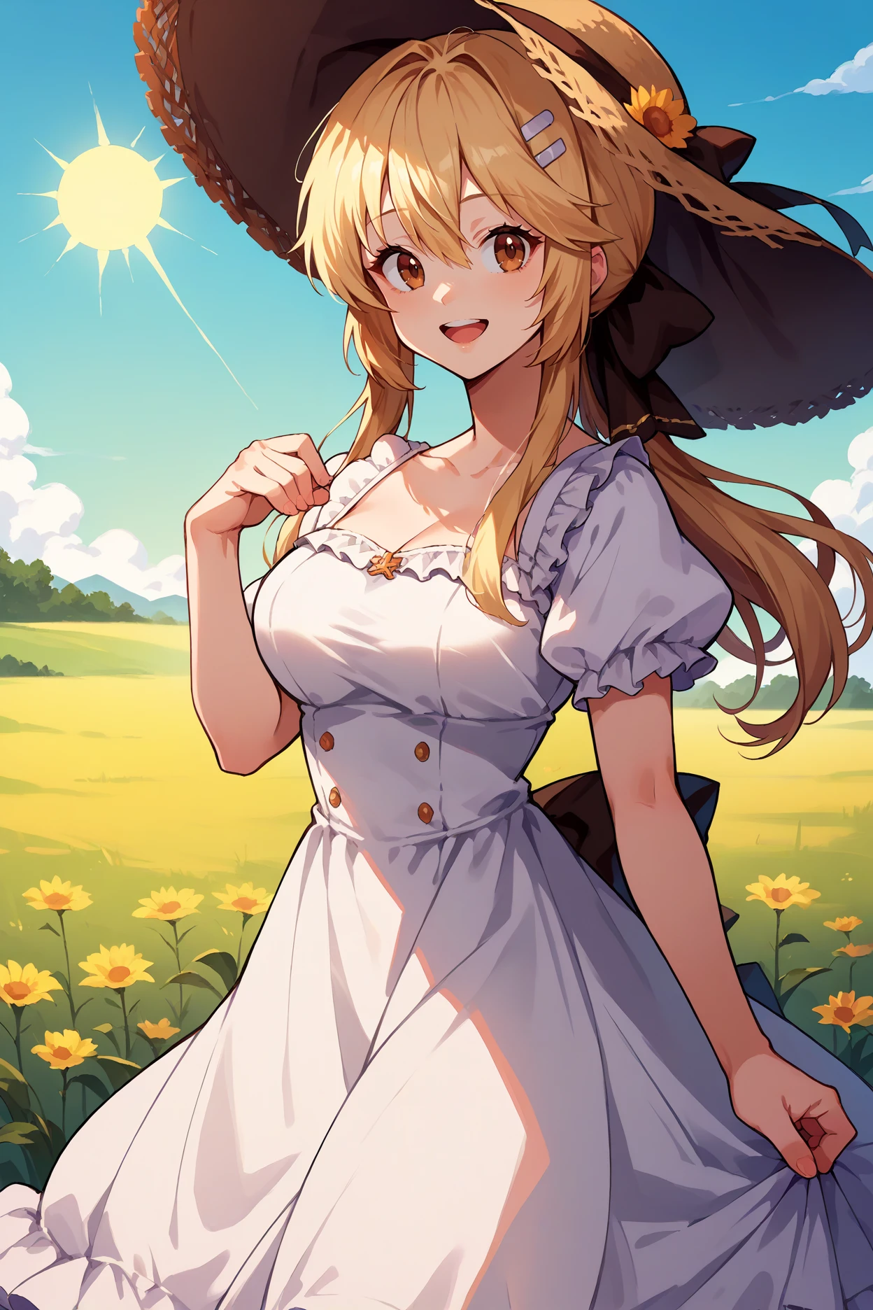 score_9, score_8_up, score_7_up, score_6_up, source_anime, 1girl, solo,   <lora:lisciaelfrieden-pdxl-nvwls-v1-000005:1> liscia, blonde hair, low ponytail, brown eyes, hairclip, hair bow, big breasts, white dress, frilled dress, long dress, sun hat, looking at you, closed eyes, happy, field, blue sky