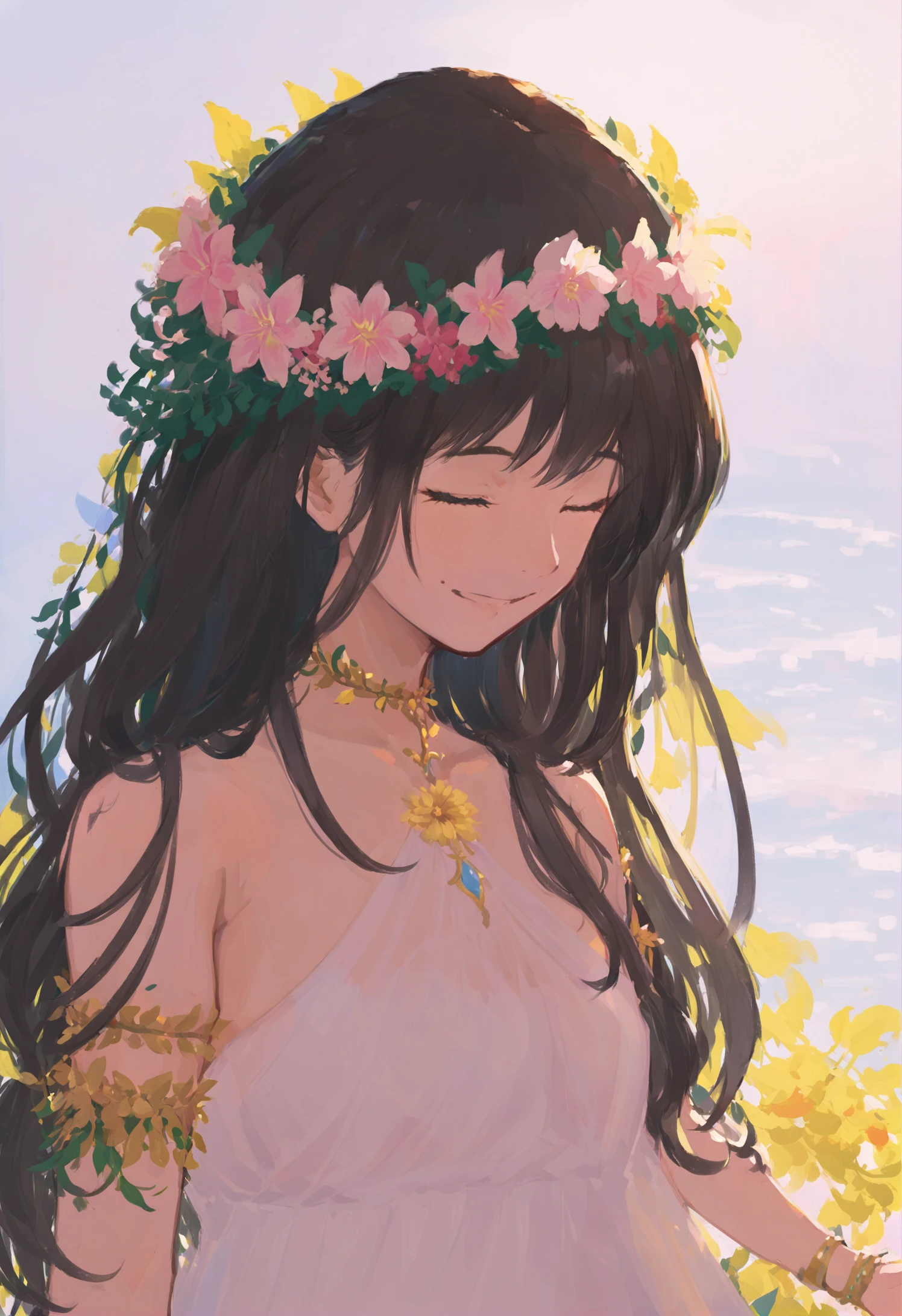 masterpiece, best quality,solo, 1girl, long hair, closed eyes, head wreath, smile, upper body, armlet, black hair, petals, dress, bare shoulders 
<lora:xilmoXLlokr4f-000185:0.95>