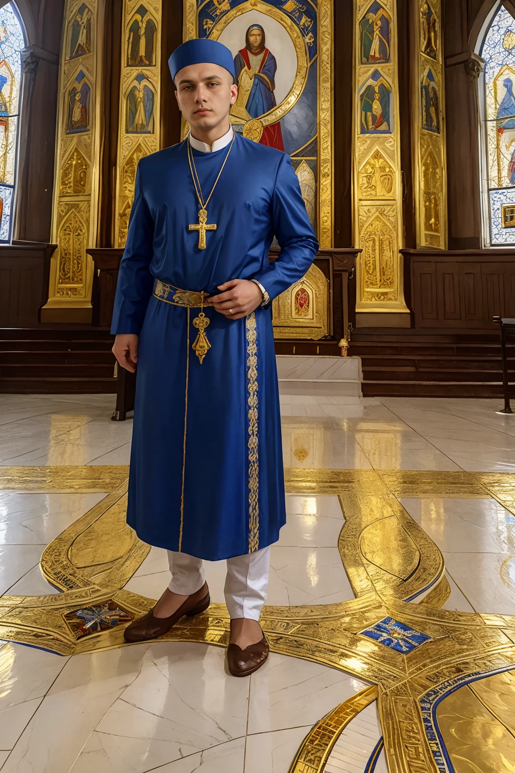 Ukrainian Eastern Orthodox cathedral, tile mosaics on ceiling, standing in front of the alter, DorianMcDon is a orthodox priest, wearing blue phelonion with (gold embroidery), epitrachil, gold cross necklace, Kamilavka hat, (((full body portrait))), wide angle <lora:DorianMcDon:0.8>