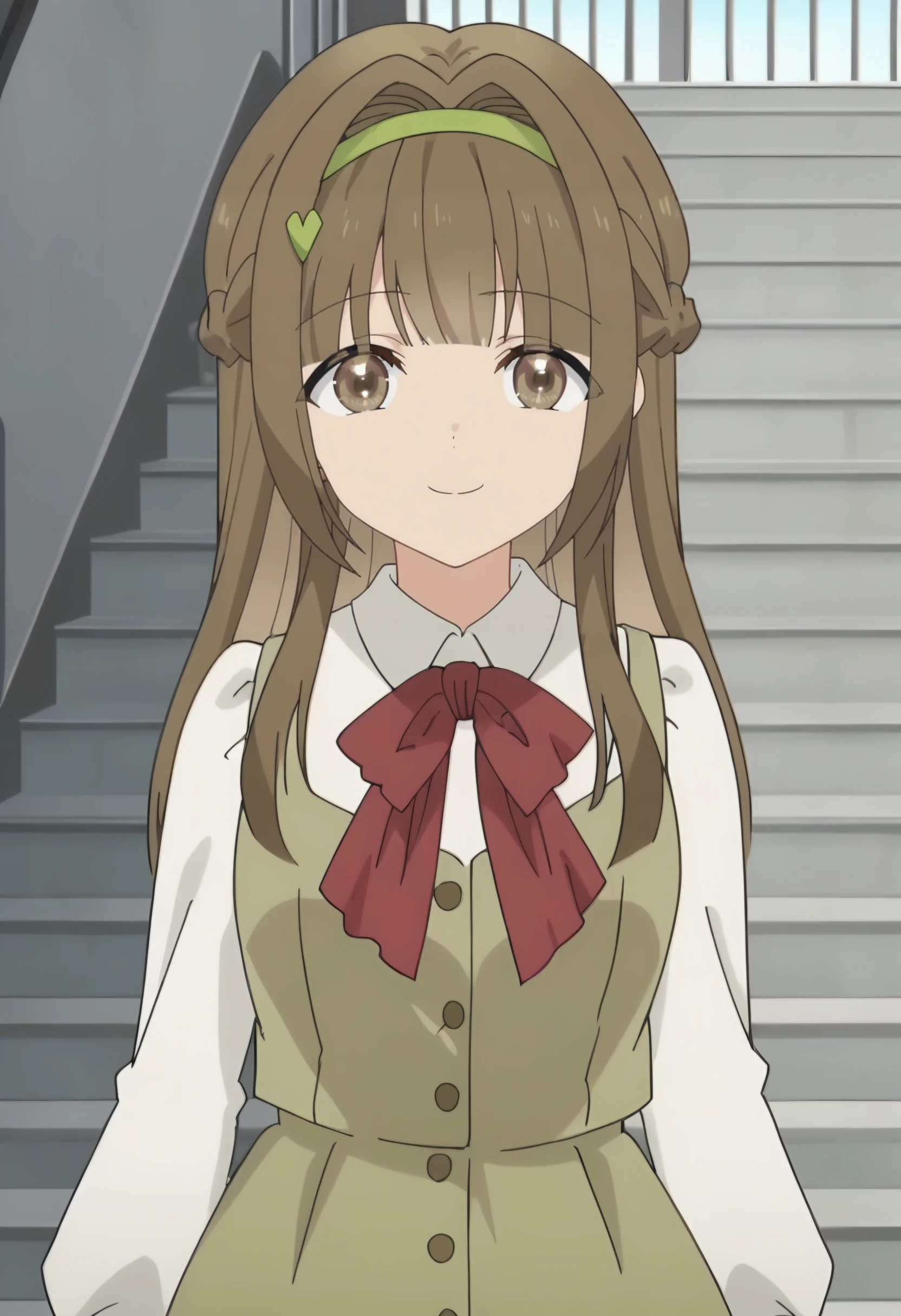 haruka katsuragi, 1girl, long hair, brown hair, solo, braid, brown eyes, green hairband, sidelocks, blunt bangs,  heart hair ornament,          white shirt, green dress, school uniform, red bowtie, long sleeves, sleeveless dress, red bow, looking at viewer, smiling  <lora:Haruka Katsuragi:0.9>, score_9, score_7_up,anime coloring ,source_anime, anime, anime screencap