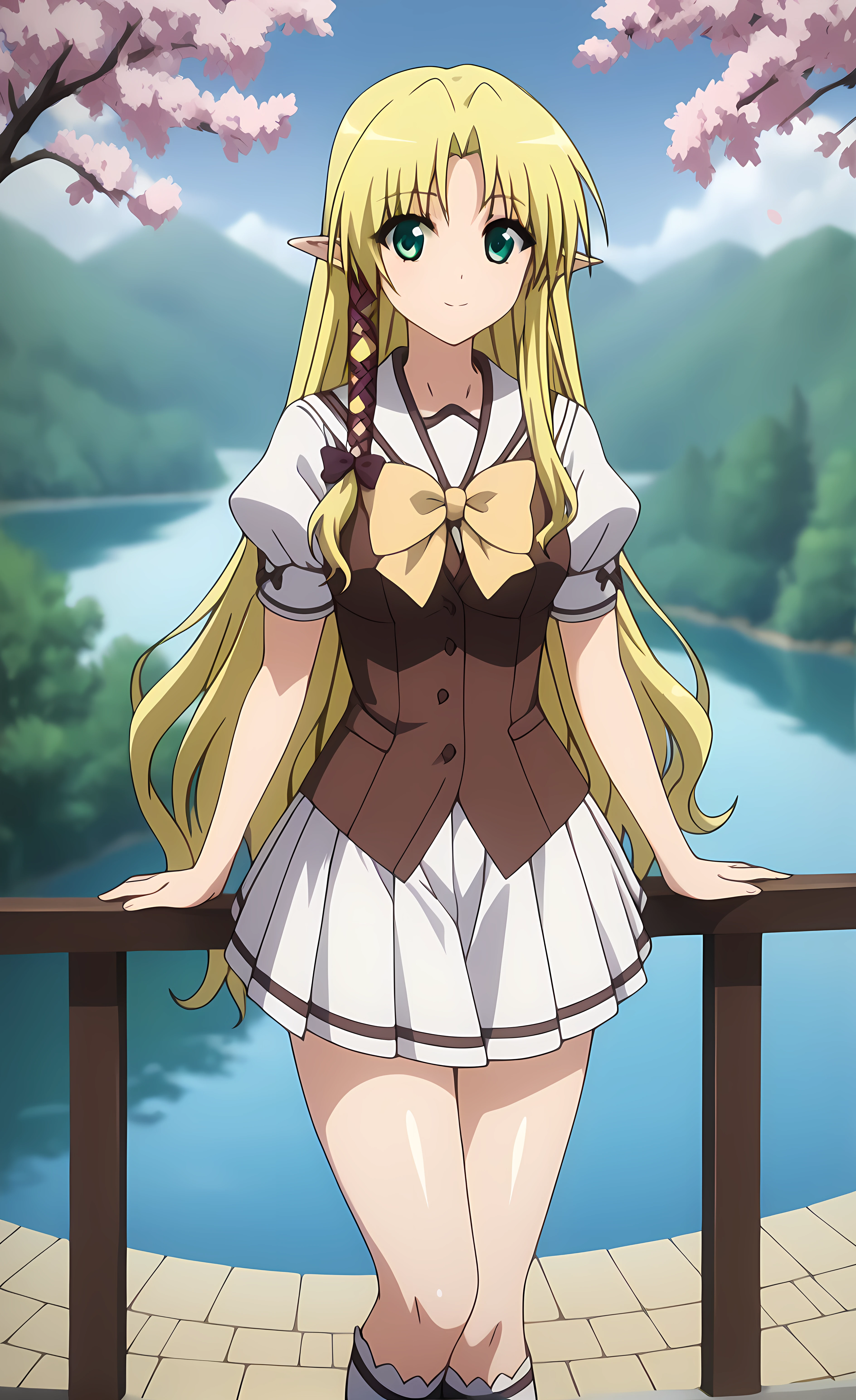 (score_9, score_8_up, score_7_up), looking at viewer, closed mouth, light smile, shiny skin,ohwx, 1girl, solo, breasts, long_hair, blonde_hair, green_eyes, tress_ribbon, pointy_ears, very_long_hair, hair_ribbon, parted_bangs, ribbon, sidelocks,yellow_bowtie, skirt, yellow_bow, kneehighs, white_skirt, vest, bow, puffy_sleeves, thighhighs, puffy_short_sleeves, socks, short_sleeves, bowtie, pleated_skirt, serafuku, shirt, white_shirt, brown_vest, against railing, river, cherry blossom,<lora:kareha_pony_sobsynapse:1>