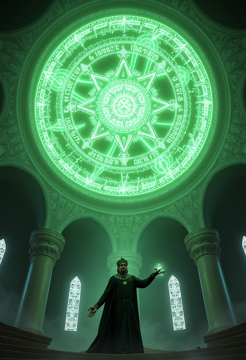 On the dome of the church, a huge magic circle glowed with mysterious light. Its pattern was intricate, composed of ancient symbols and runes, exuding an ancient and mysterious power. In the center of the circle, a magician stood, wearing a robe and a crown inlaid with gems. The magician's face was solemn and dignified, and his eyes flashed with wisdom, as if he could see through all the mysteries. The magician stretched out his arm and gently stroked the runes with his fingers. The energy around him began to surge, as if the whole church was responding to the magician who possessed infinite power. The whole scene was full of mystery and solemnity, and the interior of the church seemed to have become a bridge between reality and miracles.