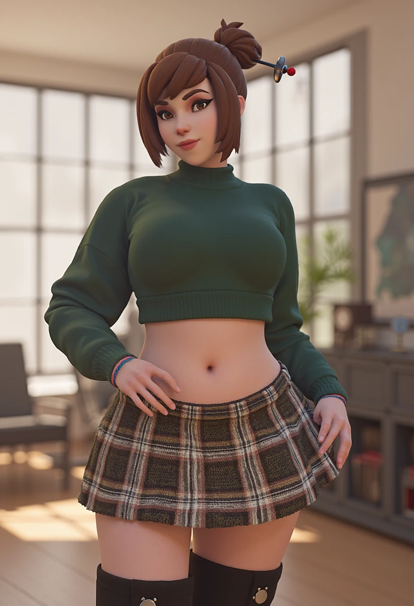 indoors, studio,
1girl, breasts, solo, mei (overwatch), skirt, plump, brown hair, midriff, navel, hair stick, no eyewear, hair ornament, hands on own hips, large breasts, sweater, short hair, boots, green sweater, brown eyes, crop top, single hair bun, looking at viewer, belly, lips, miniskirt, plaid, swept bangs