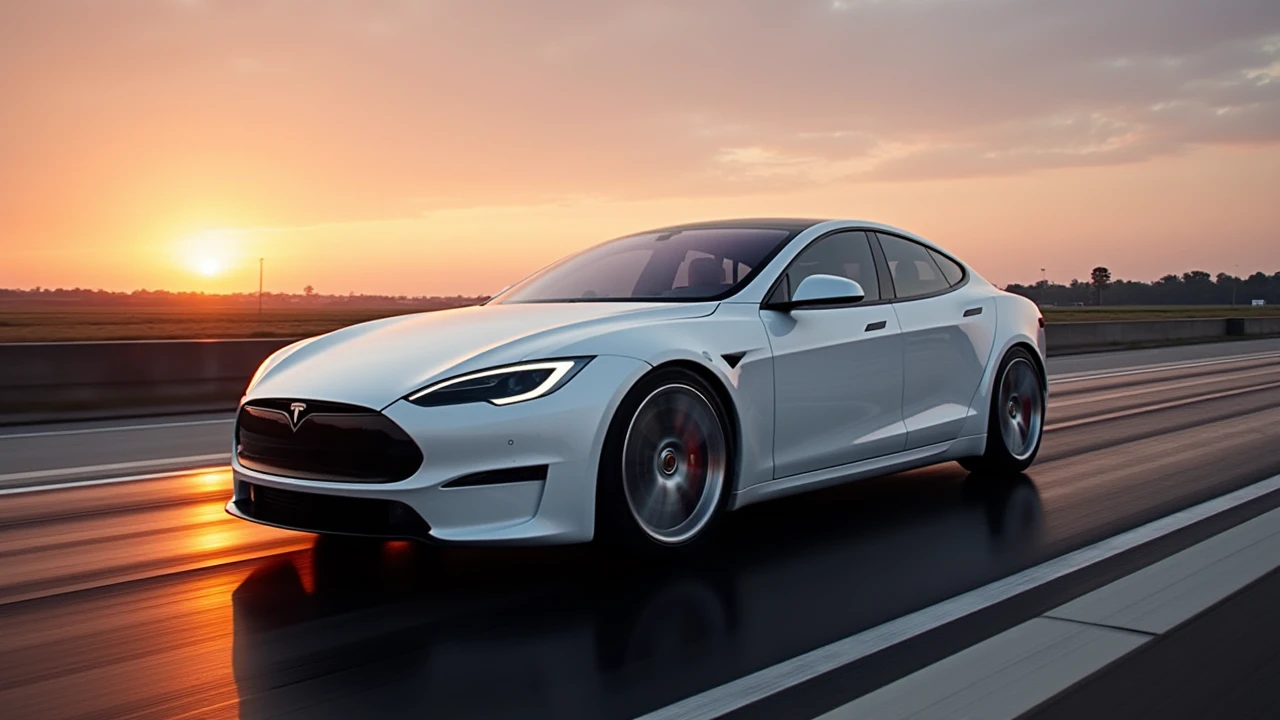 a photo of a whiteTesla Model S plaid at a drag strip,nice silver rims,chicago,sunset,dramatic camera angle,<lora:Tesla_Model S_Plaid:1>