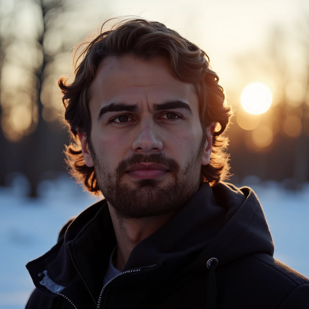 photo of a man, facial hair, in the winter outdoors with silhouette illumination of her hair by evening sunlight. Taken with a ProPhoto iPhone