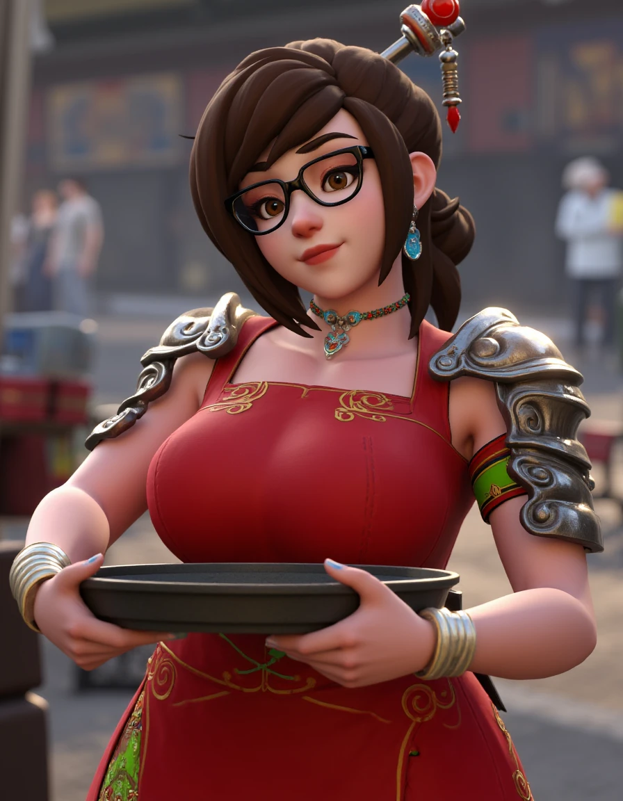 plump, mei_(overwatch), market_stall, holding_tray,  
1girl, solo, mei (overwatch), brown hair, hair stick, brown eyes, hair ornament, chinese clothes, jewelry, full body, glasses, earrings, red dress, shoulder armor, dress,  nail polish, smile, alternate costume, lips, blurry background, looking at viewer, 