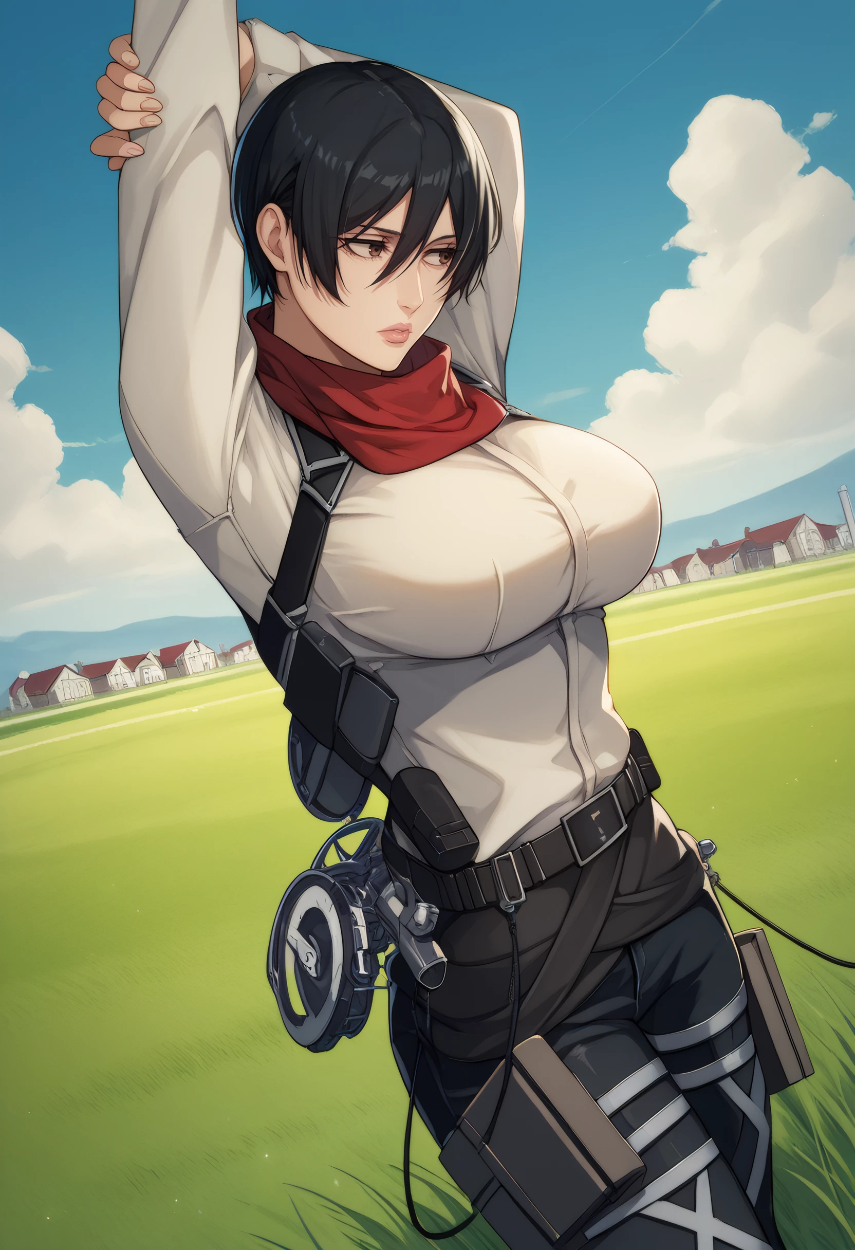 score_9, score_8_up, score_7_up, source_anime BREAK 1girl, looking ahead, cowboy shot, from side, dutch angle, 
<lora:MikasaPostTimeSkip_Dwnsty:1>, mikasaposttimeskip, black hair, short hair, brown eyes, loose hair strand, red scarf, white shirt, long sleeves, black pants, belt, thighs strap, thigh strap, three-dimensional maneuver gear, 
large breasts, lips, puckered lips, stretching, arms up,
outdoors, blue sky, grass, cloud, field, village, building,