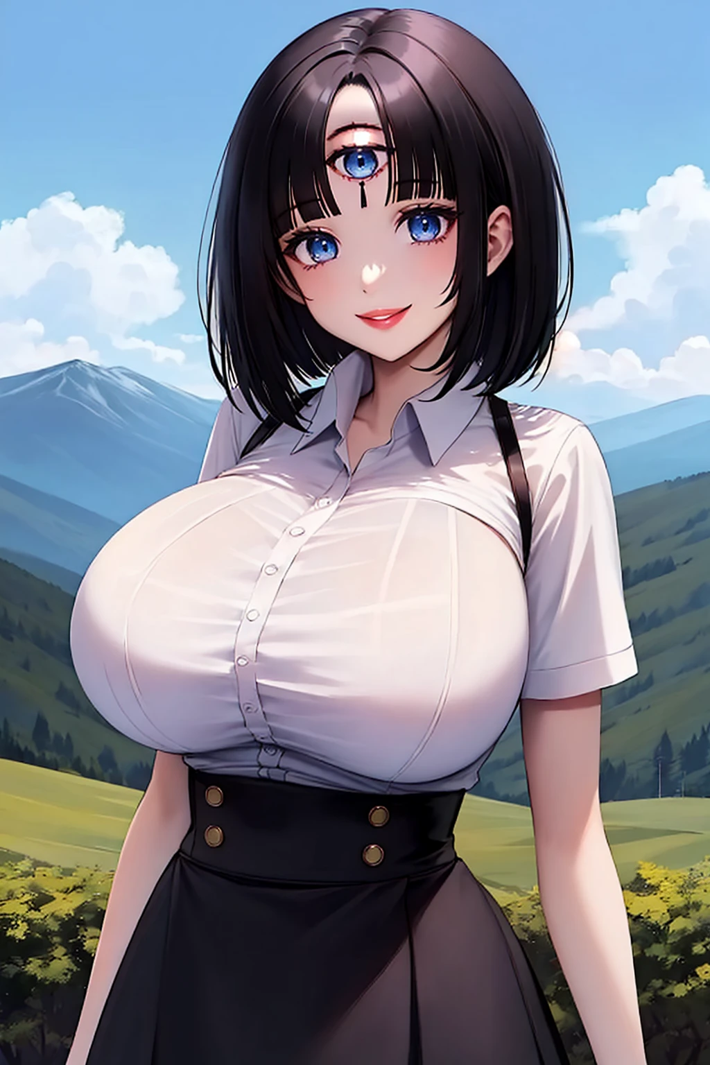 <lora:triclops:0.6>, (third eye), blue eyes, outdoors, mountain, huge breasts, shirt tucked in, high-waist skirt, black skirt, smile, lips, black hair, bob cut, blunt bangs