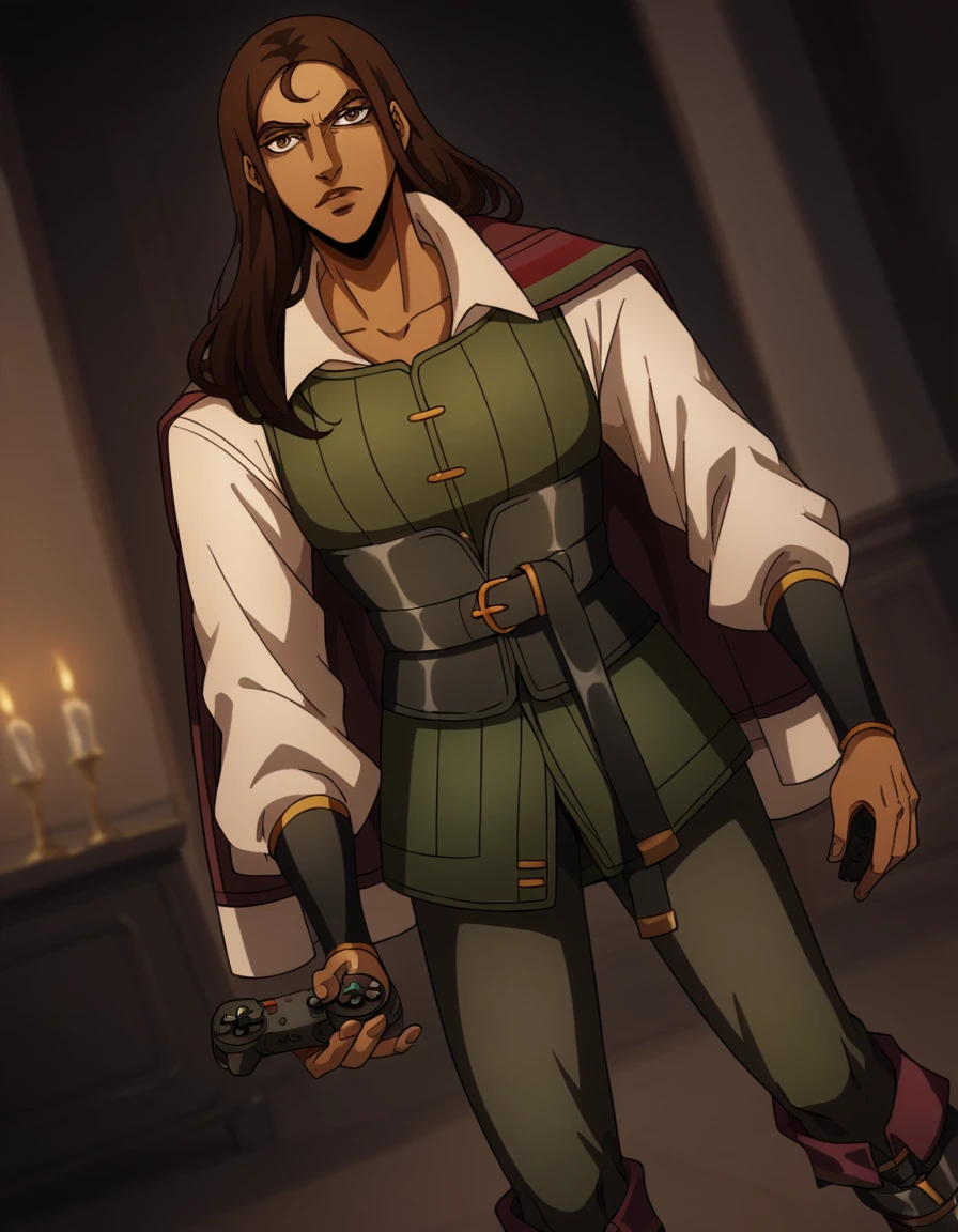 score_9, score_8_up, score_7_up, source_anime, <lora:castlevania-greta-ponyxl-lora-nochekaiser:1>, greta, long hair, brown hair, brown eyes, dark skin, dark-skinned female,, shirt, long sleeves, white shirt, boots, belt, pants, cape, black footwear, vest, knee boots,, living room, video game, controller, competitive, fun, afternoon, , looking at viewer, arm wrapped around someone, solo,, cowboy shot, dutch angle