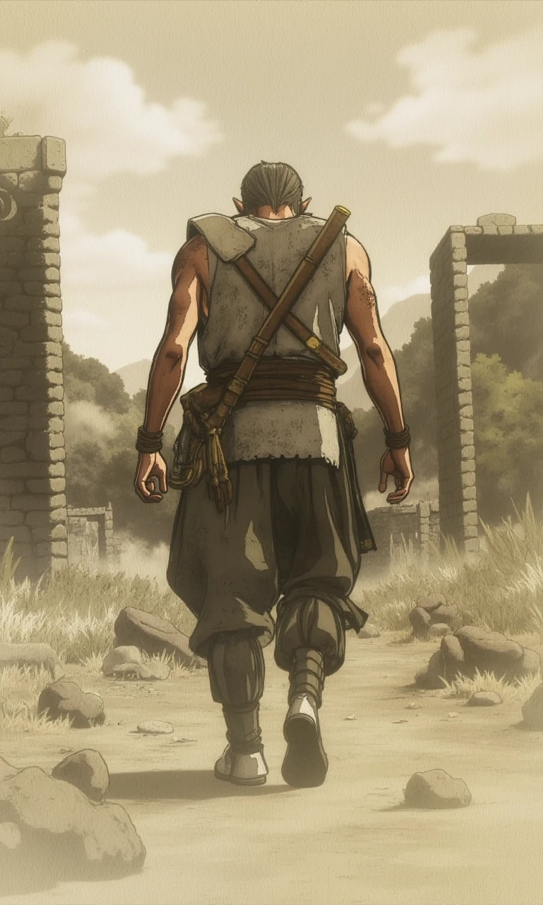 A veteran warrior, weary but resolute, walks through the ruins of a village he failed to protect, his clenched fists the only sign of his inner turmoil.