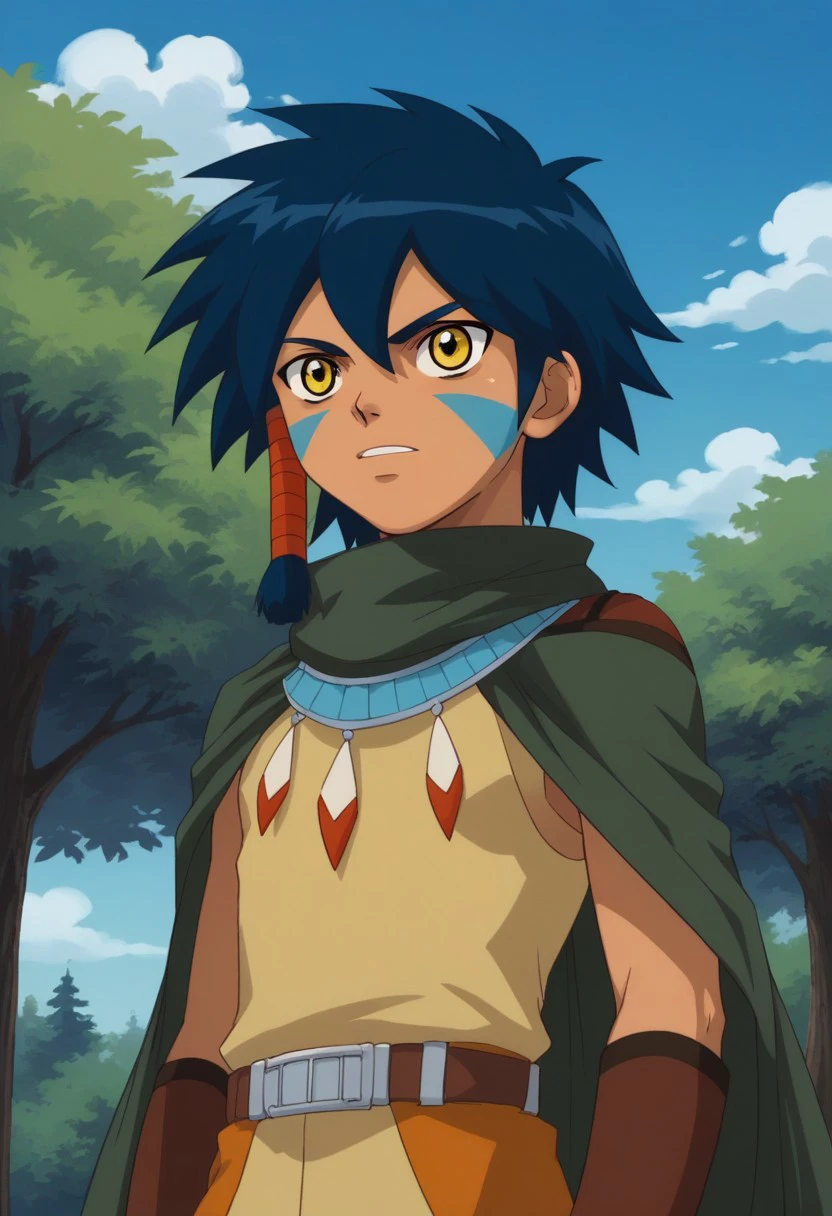 score_9, score_8_up, score_7_up, source_anime, highly detailed,
keenan, 1boy, solo, yellow eyes, cape, blue hair, hair tube, facial mark, cloud, male focus, dark skin, facepaint, belt, sky, tree, upper body