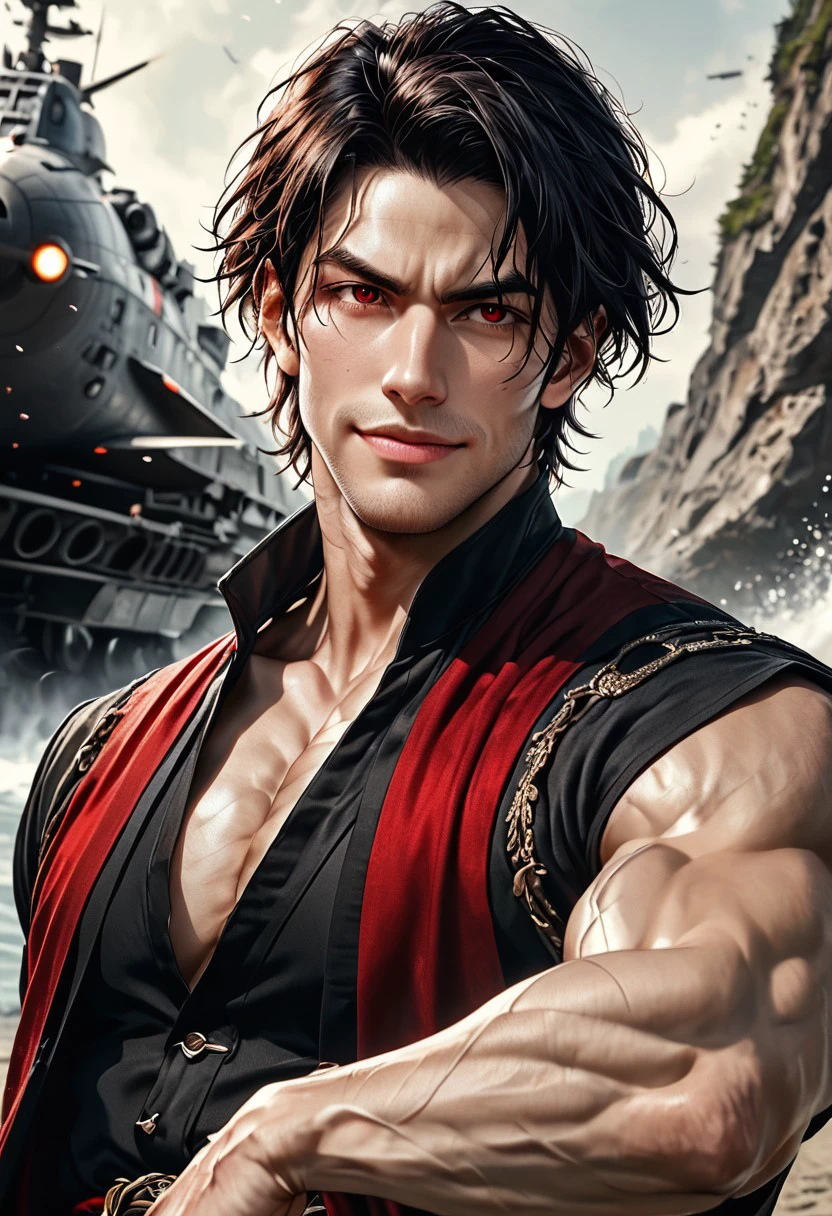 1boy, Darius Dusk,  slightly wavy, short hair, jet black with a natural shine, neatly styled but slightly tousled at the ends, medium height, lean and muscular build with defined shoulders and arms, red eyes,  sharp angular face with a prominent jawline, pale skin, smooth skin, Southern European, faint stubble on the chin and along the jawline, 
subtle veins visible under the pale skin, especially near the eyes and hands,
solo,
flirty expression, secuctive smile, handsome, charming, warrior, simple charm,
detailed background, indoor, high kick, leg raised,