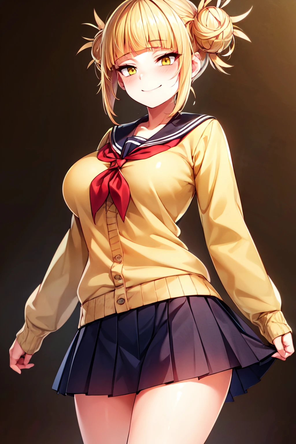 ((masterpiece,best quality)), absurdres,  BREAK, , (big breasts),  <lora:Toga_Himiko:0.8>, zztoga, bangs, blonde hair, yellow eyes, blunt bangs, hair bun, double bun, messy hair, skirt, long sleeves, school uniform, pleated skirt, shoes, serafuku, socks, sailor collar, blue skirt, neckerchief, kneehighs, brown footwear, cardigan, black socks, loafers, red neckerchief, yellow cardigan,, BREAK, hip to the side, contrapposto, cowboy shot,, BREAK, solo, smile, looking at viewer, cowboy shot,