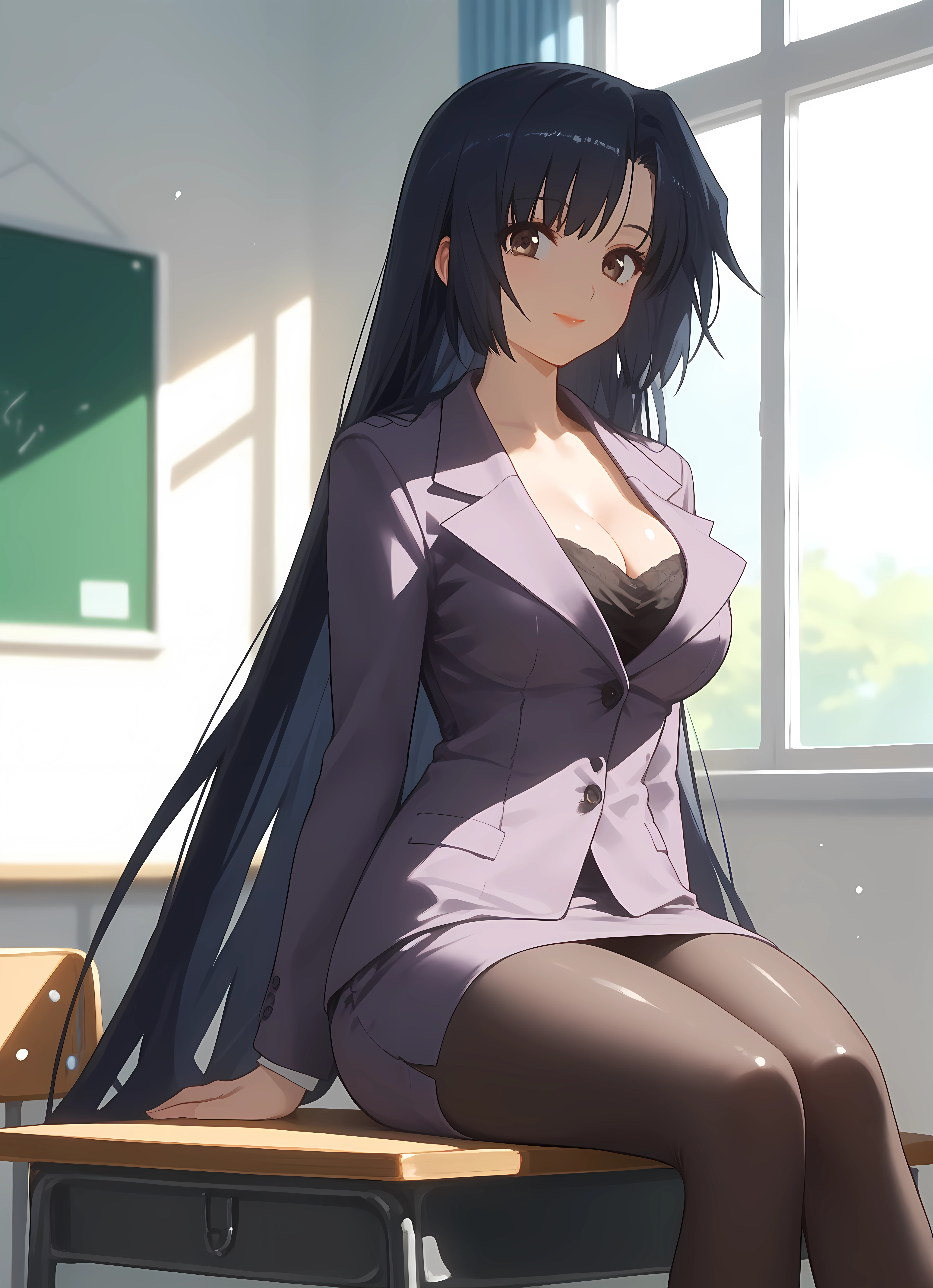 score_9,score_8_up,score_7_up,closed mouth, shiny skin, light smile,ohwx, 1girl, solo, solo_focus, black_hair, long_hair, brown_eyes, makeup, lipstick, blue_hair, very_long_hair, breasts, large_breasts,pantyhose, skirt, pencil_skirt, skirt_suit, cleavage, suit, formal, teacher, looking at viewer, blush, thighs, classroom, open window, sunlight, sitting on desk,<lora:nadeshiko_benibara_pony_sobsynapse-000002:1>