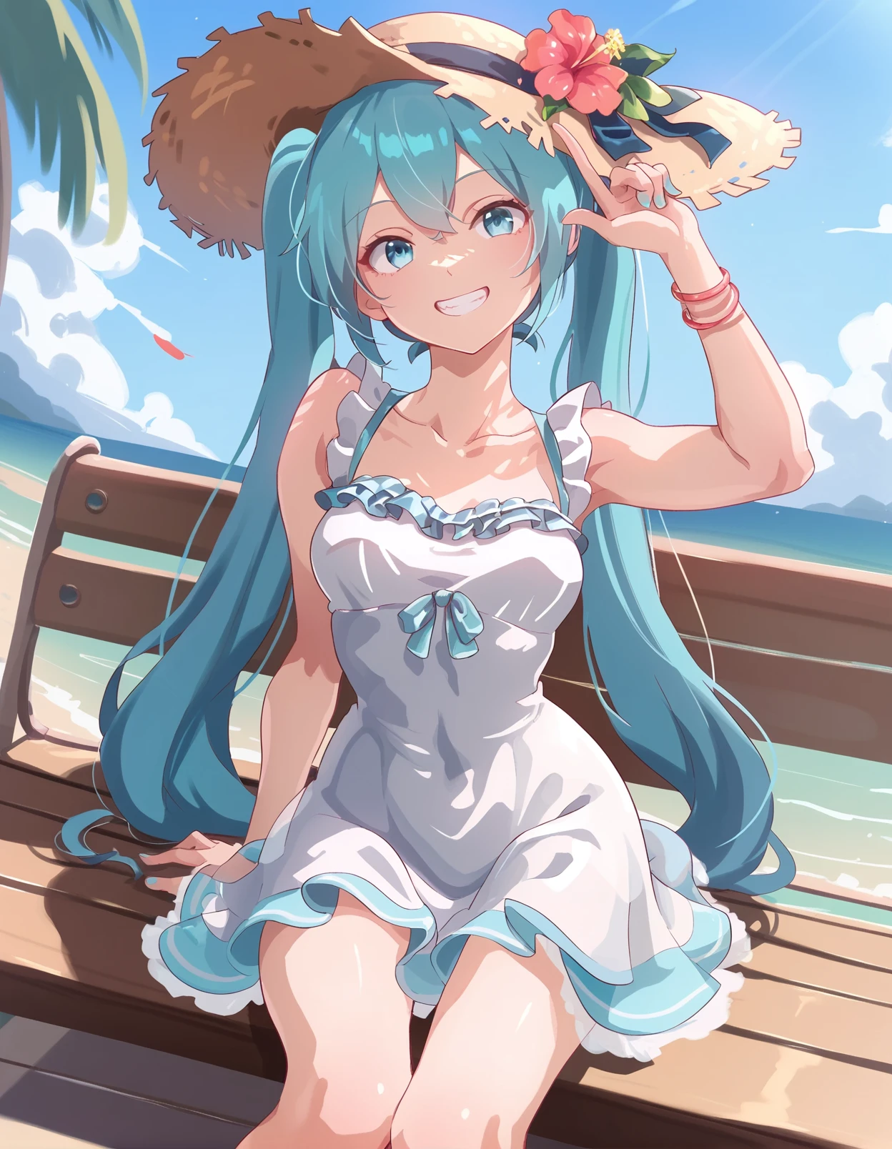 score_9, score_8_up,score_7_up, score_6_up,1girl sitting on a bench,beach, dutch angle, smile, frilled dress sundress, smile, pointing_at_her cheeks, (hatsune miku:0.8), teeth,  skirt, straw hat, hat flower, head tilt, 
<lora:dralu_style_pony6_v4-000034:1.1>