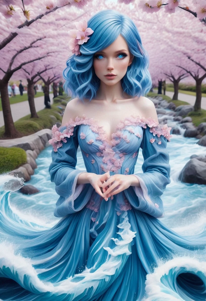 watergoddess, blue hair, blue eyes, cherry blossom dress, cherry blossom garden, water magic, water, waves