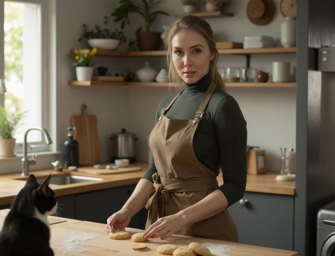 Lena Paul glamourous full body portrait. she is baking cookies in a modern kitchen. she wears a turtleneck and a apron. A cat is watching her  <lora:LenaPaul:1>