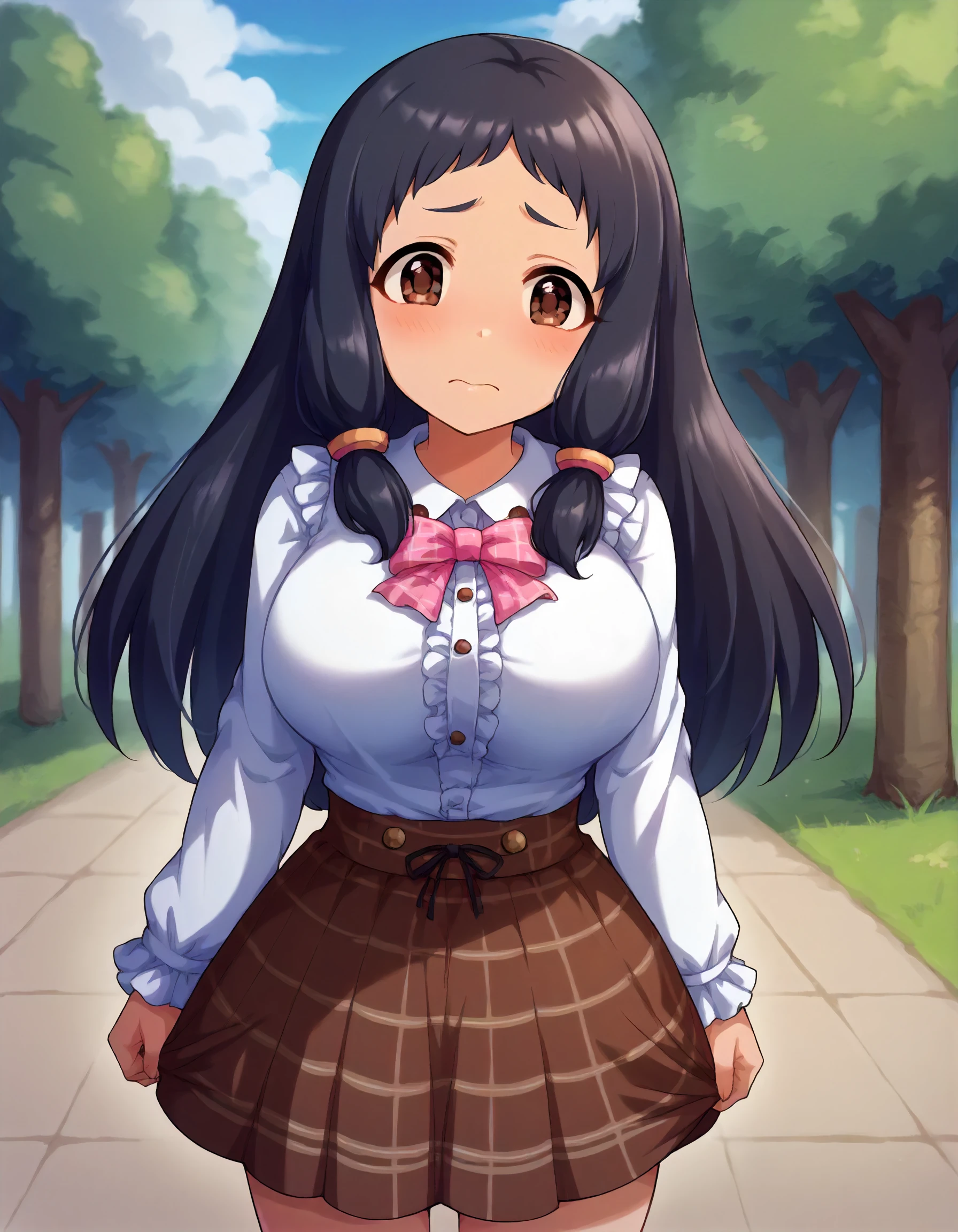 score_9,score_8_up,score_7_up,1girl,solo,cowboy shot,looking at viewer,nervous,outdoors,arms at sides,
<lora:oonumakurumi_ponyXLV6:0.8>,cgok,
black hair,long hair,sidelocks,brown eyes,big breasts,(shortstack:0.4),
shirt,long sleeves,pink bow,center frills,plaid skirt,brown skirt