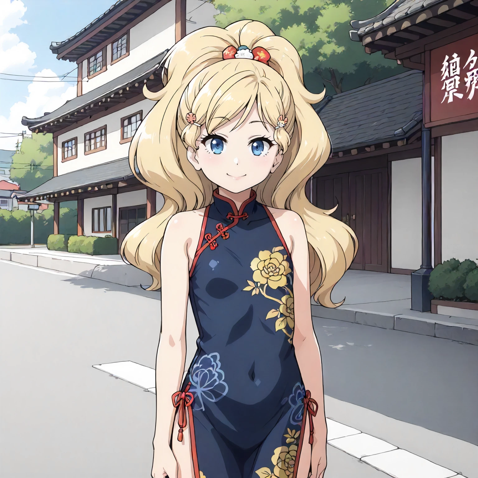 <lora:EPP_MokaChigasakiXLpony002>,
outdoors,
smile,
solo,
MokaChigasaki,1girl,blonde hair,high ponytail,hairclip,hair_ornament,blue eyes,
standing,
print_cheongsam,