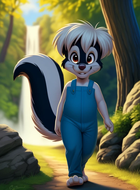 <lora:StinkyTomSawYif:1> StinkyTomSaw, skunk, black and white fur, red eyes, pants with suspenders, chibi,
[  solo, nature, forest, day, clouds, waterfall,  smile,] (solo focus, ) (( walking, ))
(beautiful, aesthetic, perfect, delicate, intricate, saturated colors), masterpiece, digital drawing, best quality,
[by personalami], by smitty g, [[[by Foxovh]]], [[by Ross Tran]]