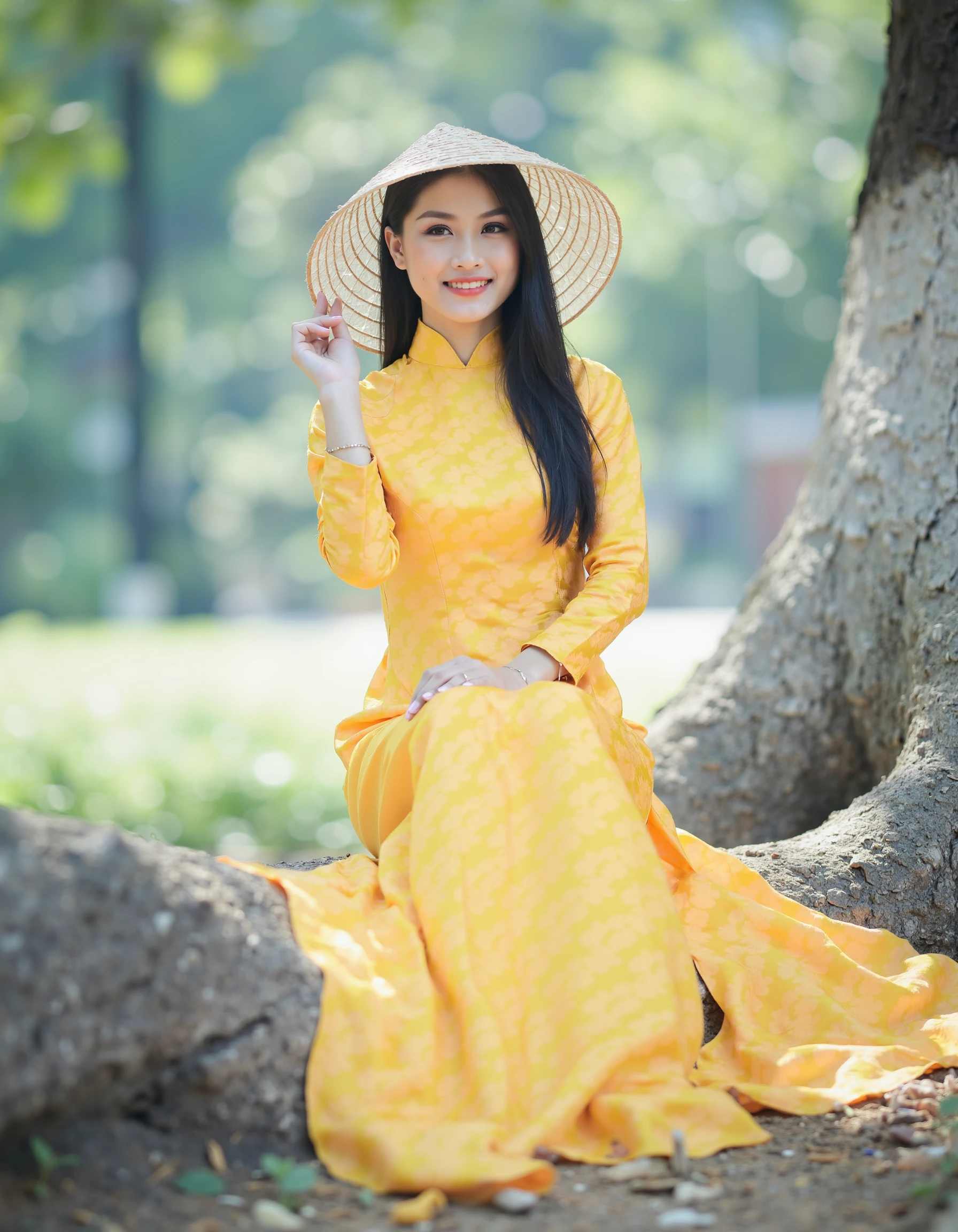 masterpiece, best quality, realistic, cinematic,
1girl, sitting, close-up portrait, red aodai, (smile:0.8), (yellow apricot blossom, (potted flowers:0.8), flowers, falling petals, tree branch), flower in hair, walking in garden